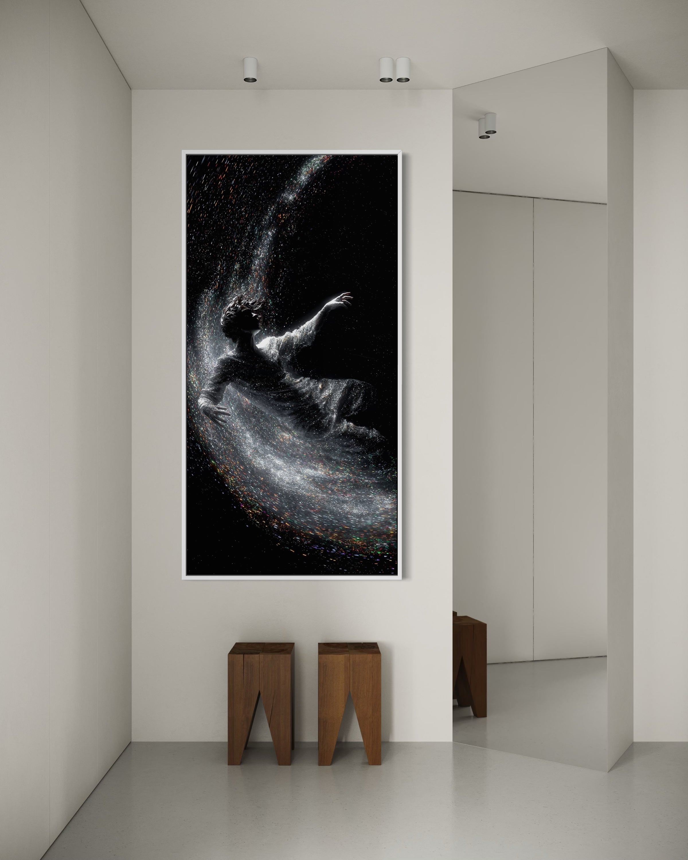 Stampa astratta incorniciata in cornice nera con passaggio argenteo