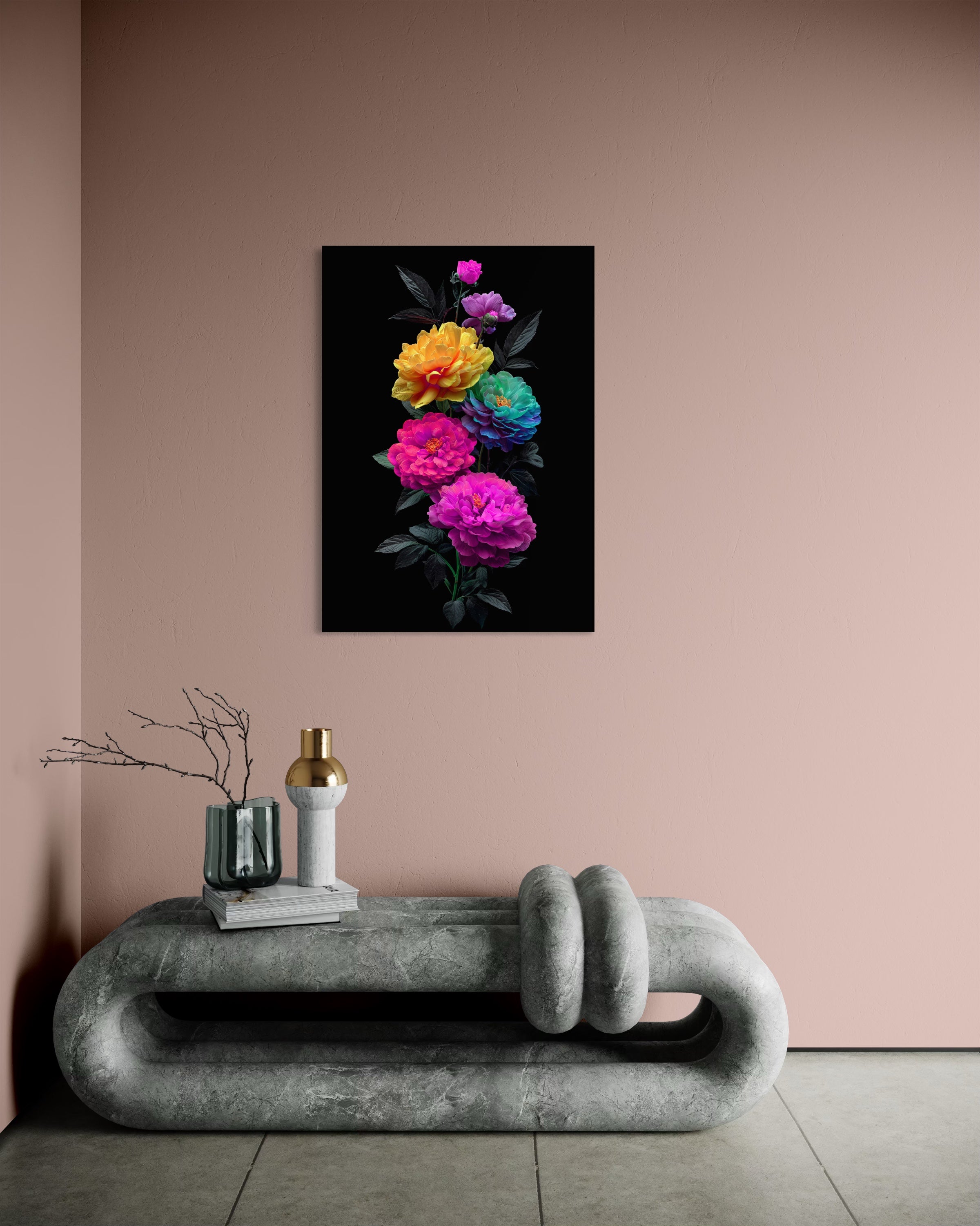 Gioia infinita con cornice nera e fiori colorati su sfondo scuro
