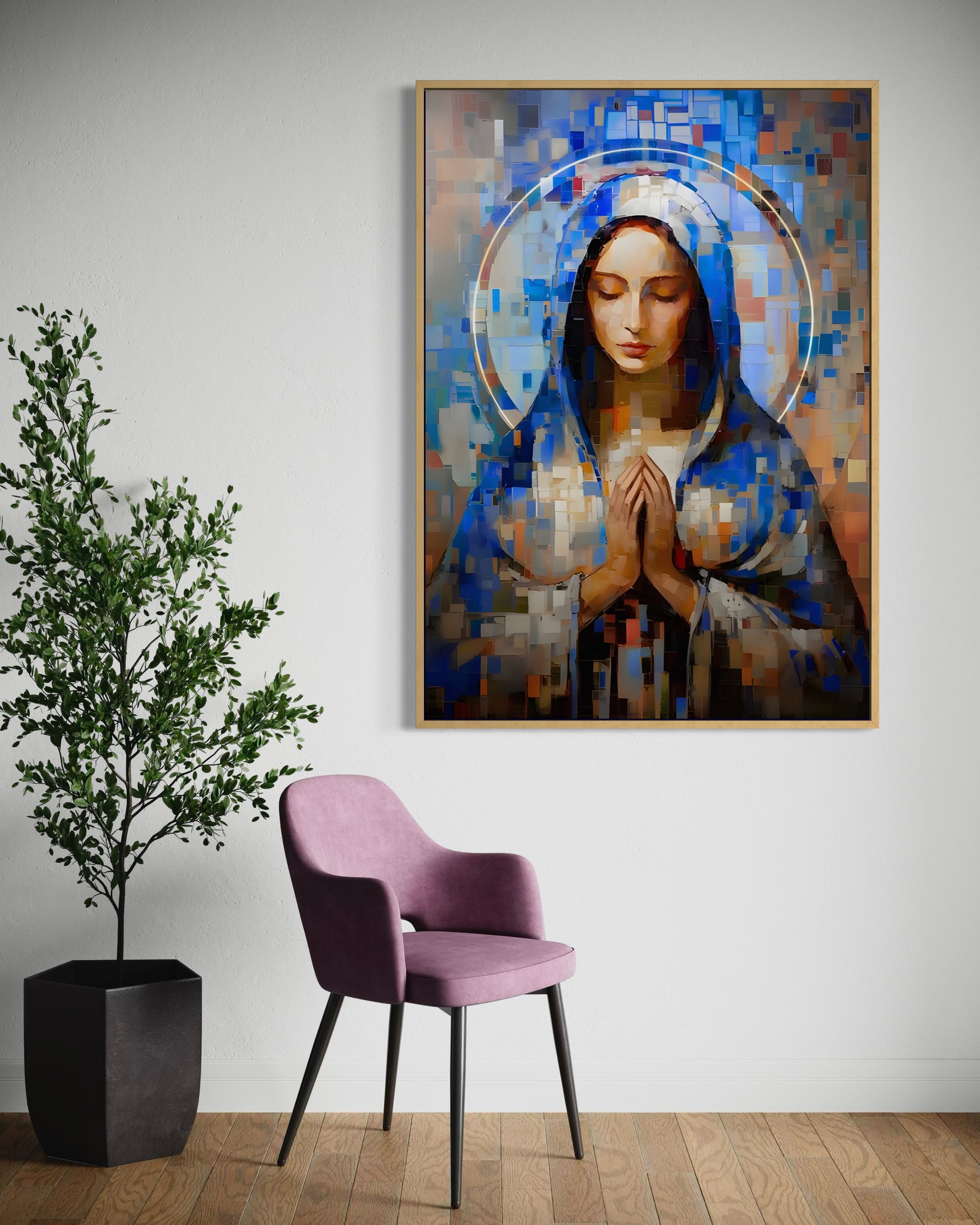 Dipinto incorniciato Sacro cuore con figura velata che prega, sfondo blu a mosaico