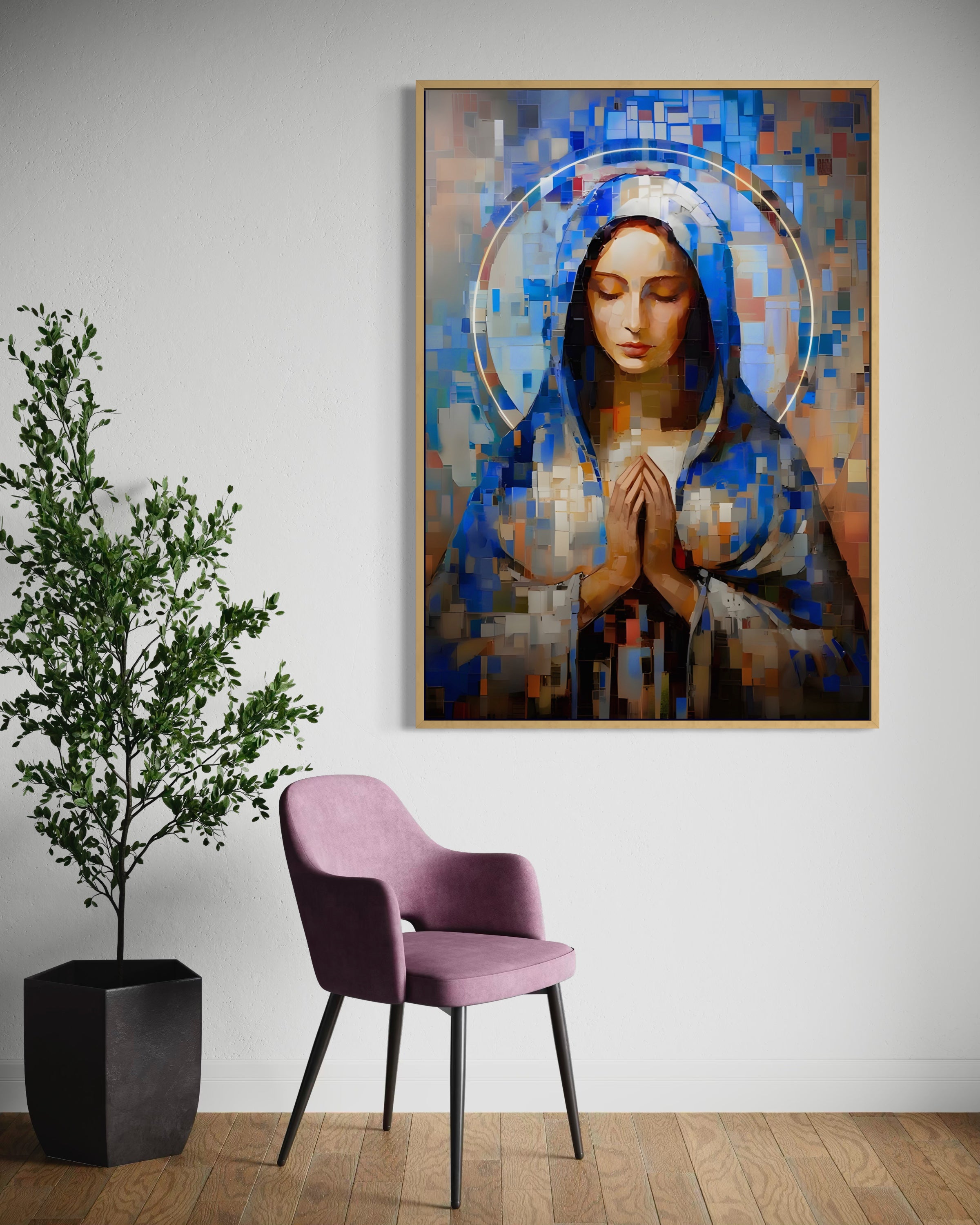 Stampa incorniciata con figura femminile blu e aureola, cornice marrone