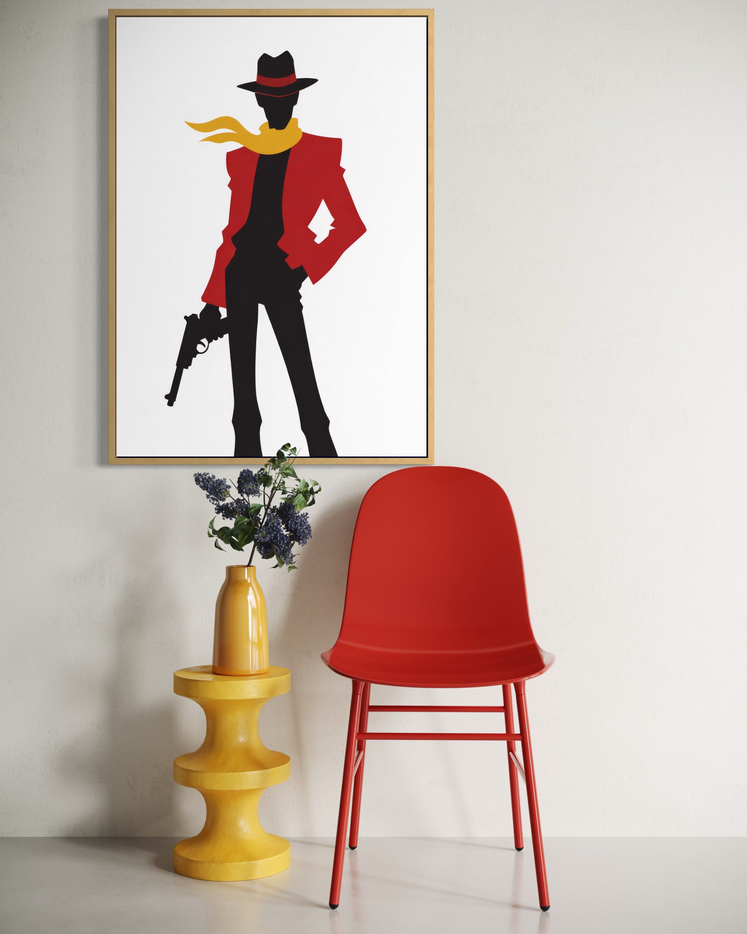 Framed Kill red wall art: red and black masked figure holding a rifle, gold frame