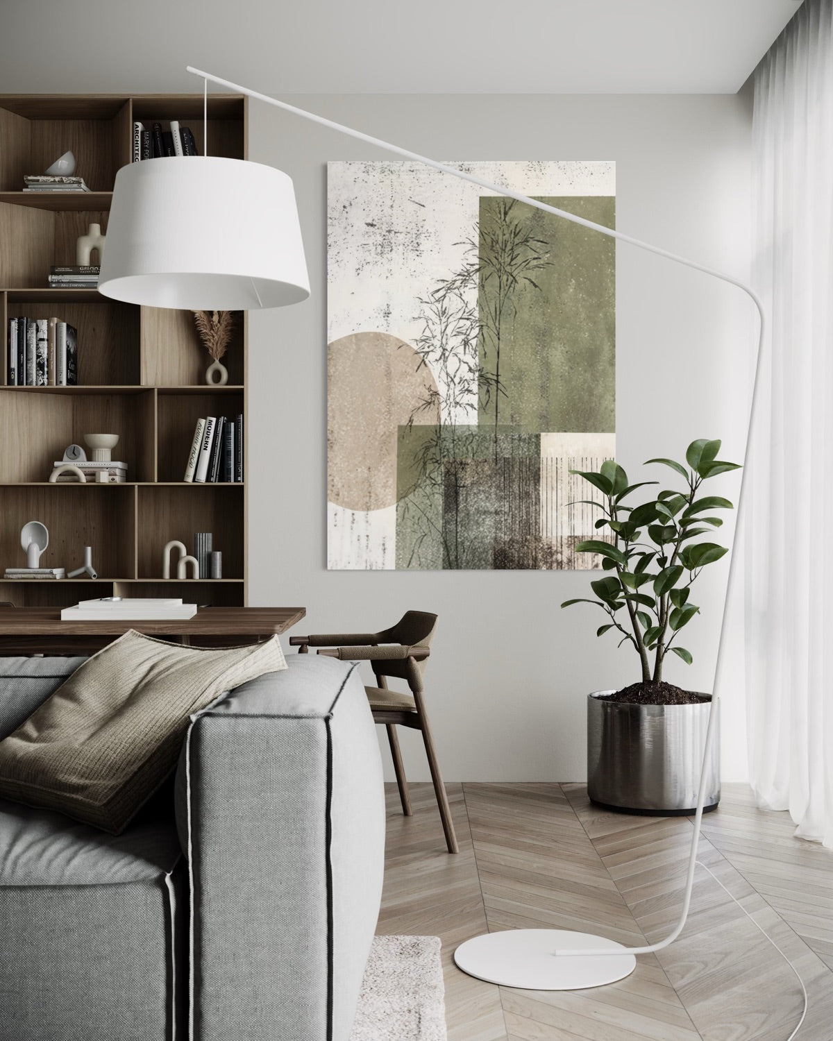 Stampa incorniciata astratta con riquadri verdi e beige in cornice scura