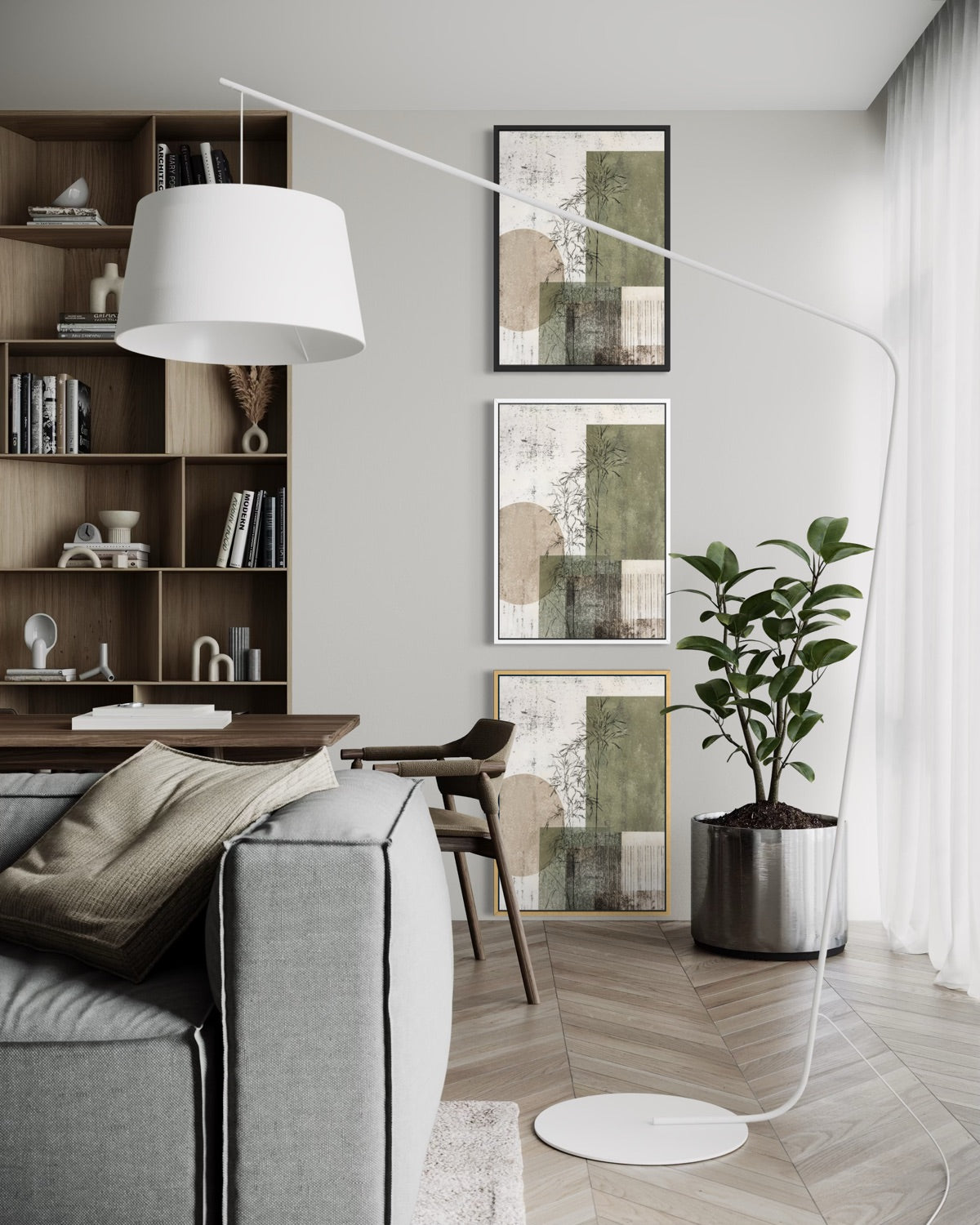 Set di stampe incorniciate astratte con riquadri verde salvia e beige in cornici scure