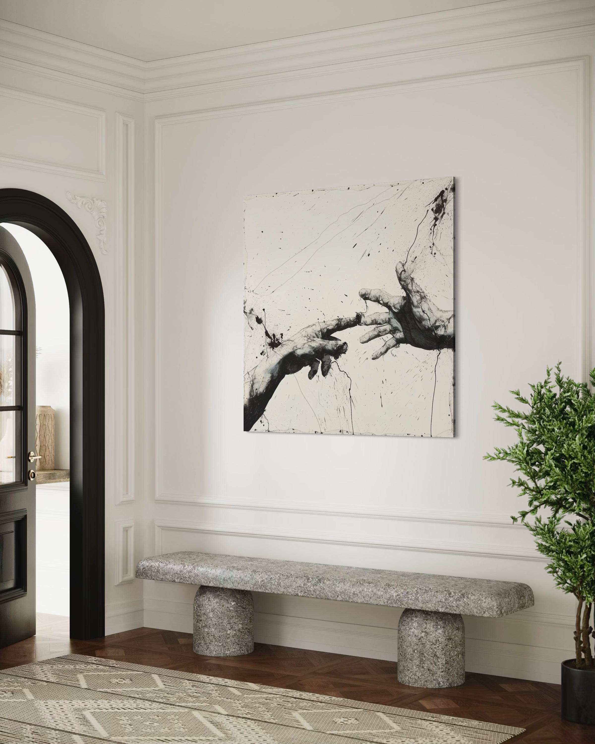 Michelangelo creazione modern: dipinto astratto con mani in bianco e nero