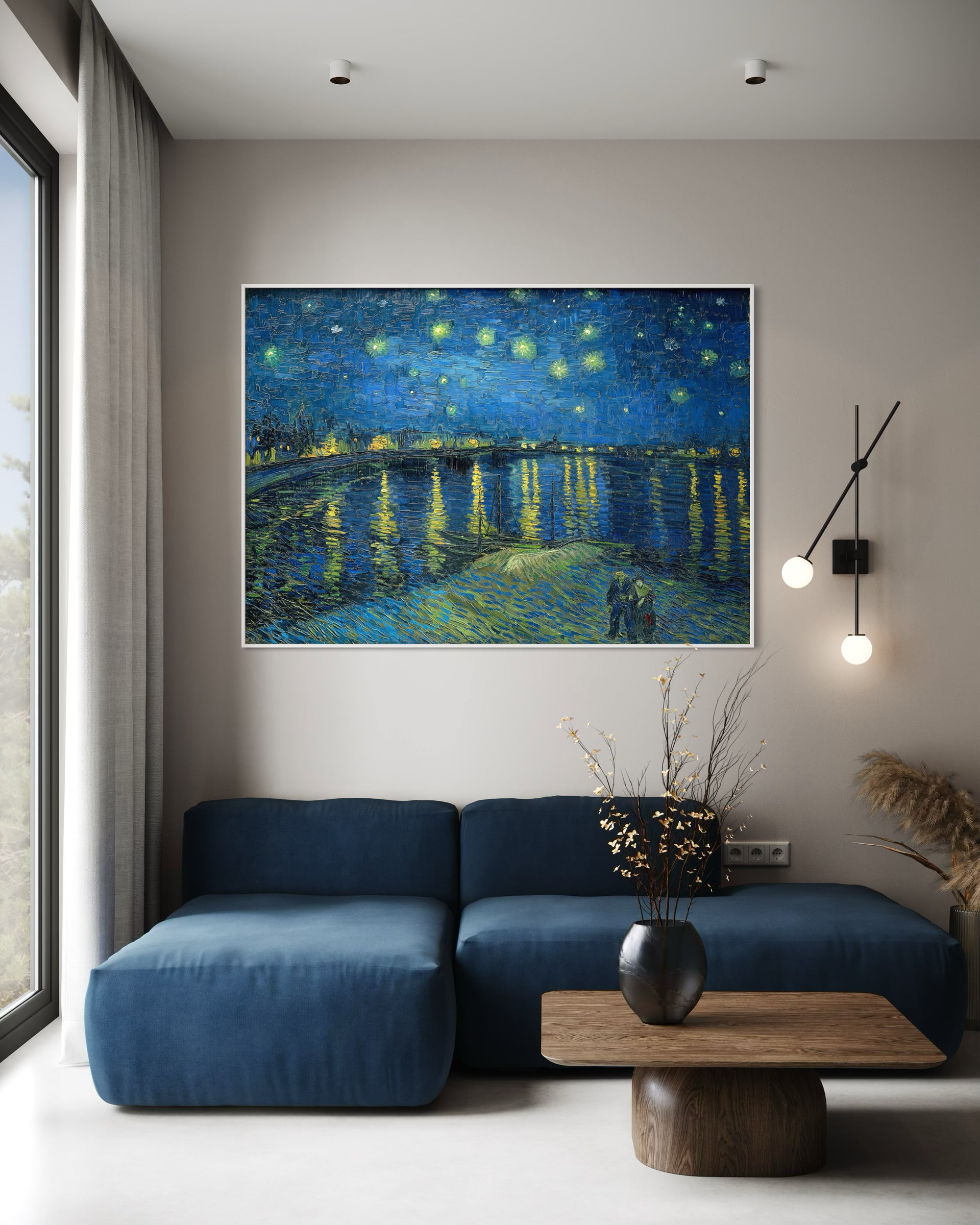 Framed canvas with a blue starry night sky, glowing stars, and water reflections