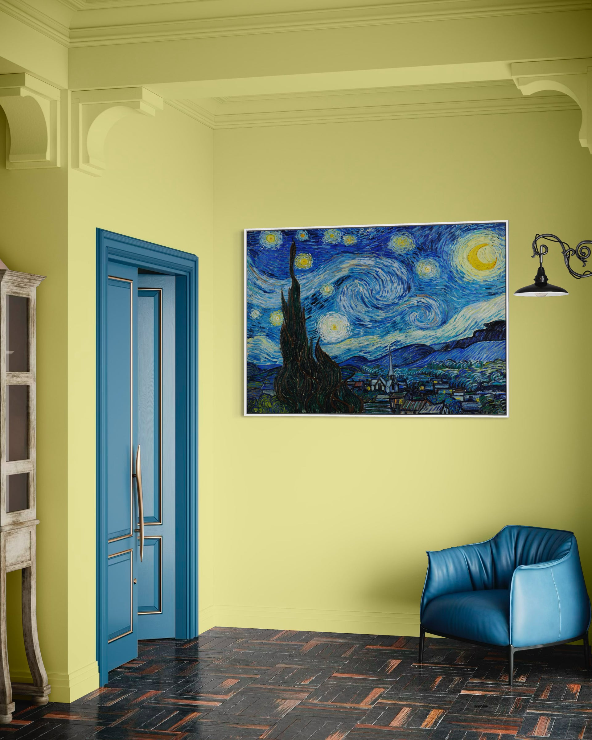 Van Gogh Starry Moon framed wall art, blue frame, starry night with moon