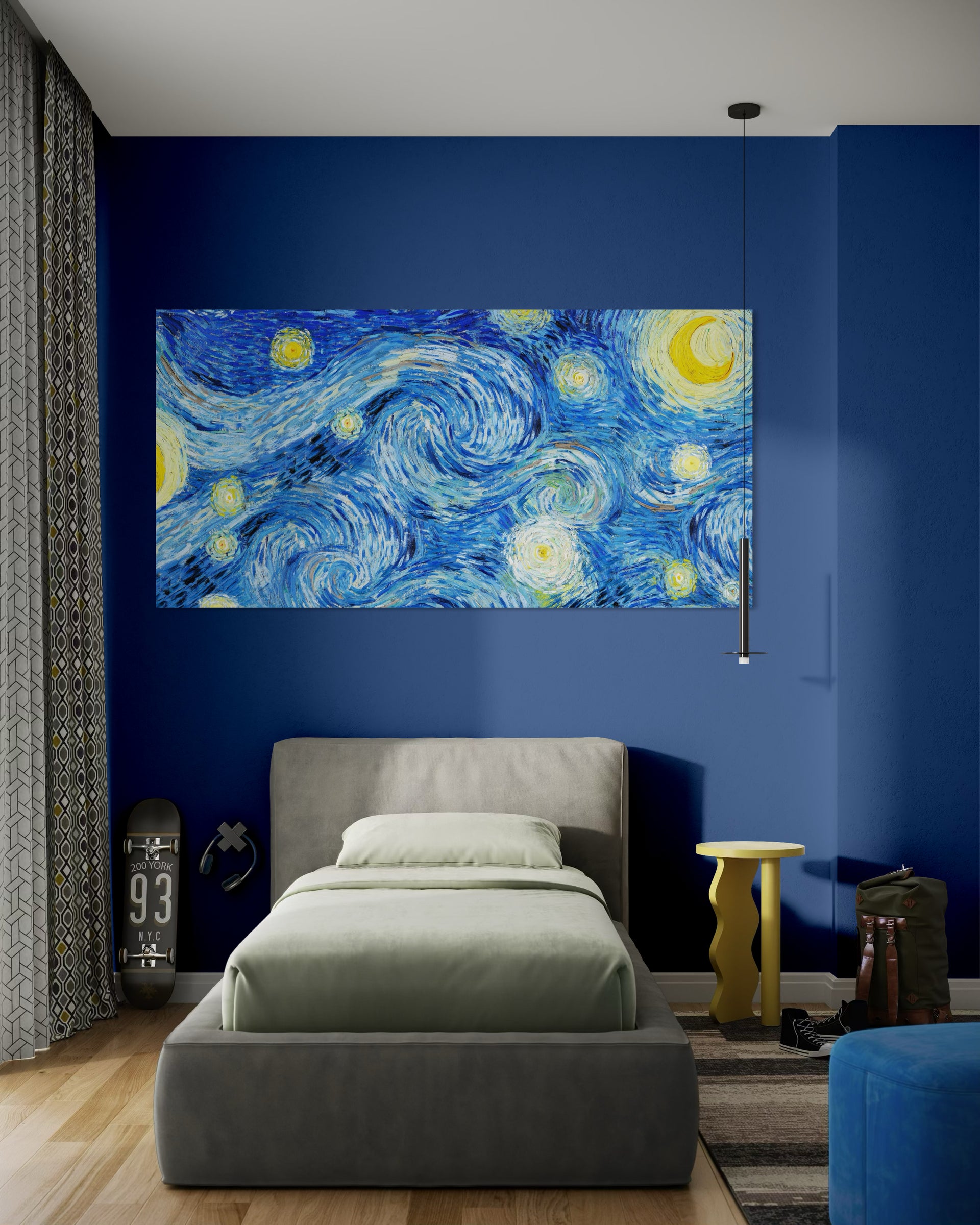 Van Gogh Emotional: quadro con cielo blu vorticoso e stelle gialle in un riquadro