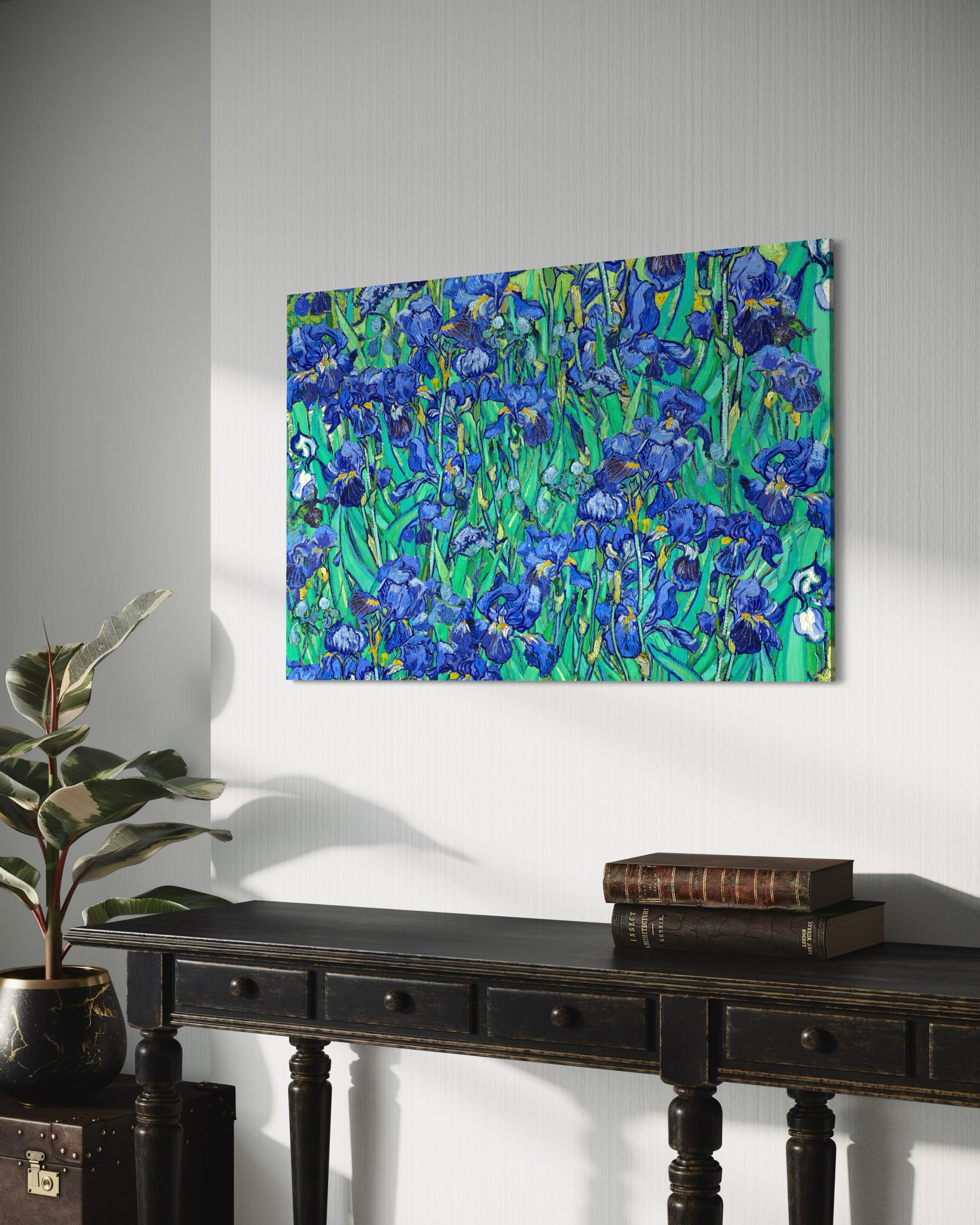 Blue floral artwork with vivid blue and green brushstrokes on canvas