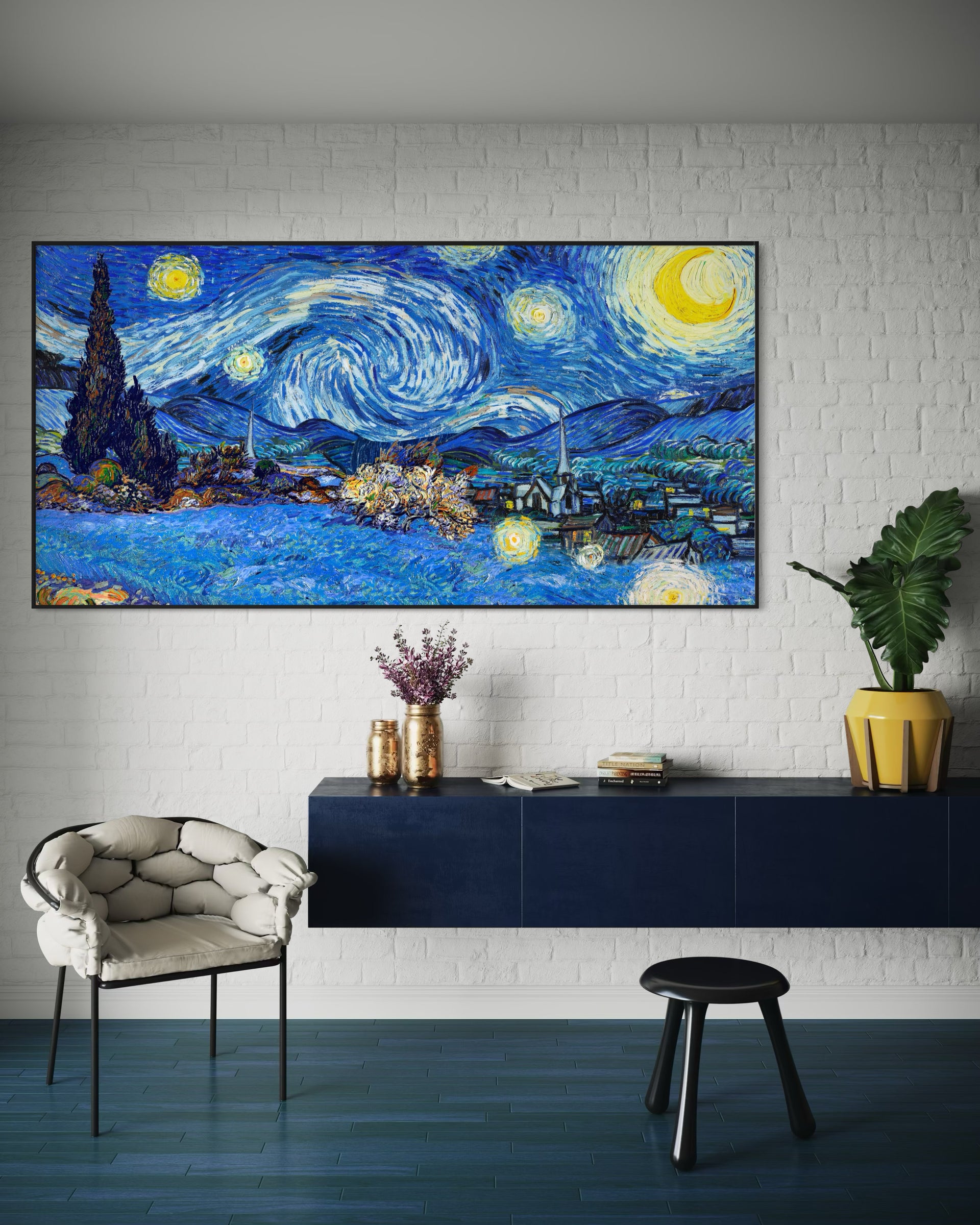 Van gogh bellezza notturna: cornice nera, cielo blu stellato e luna