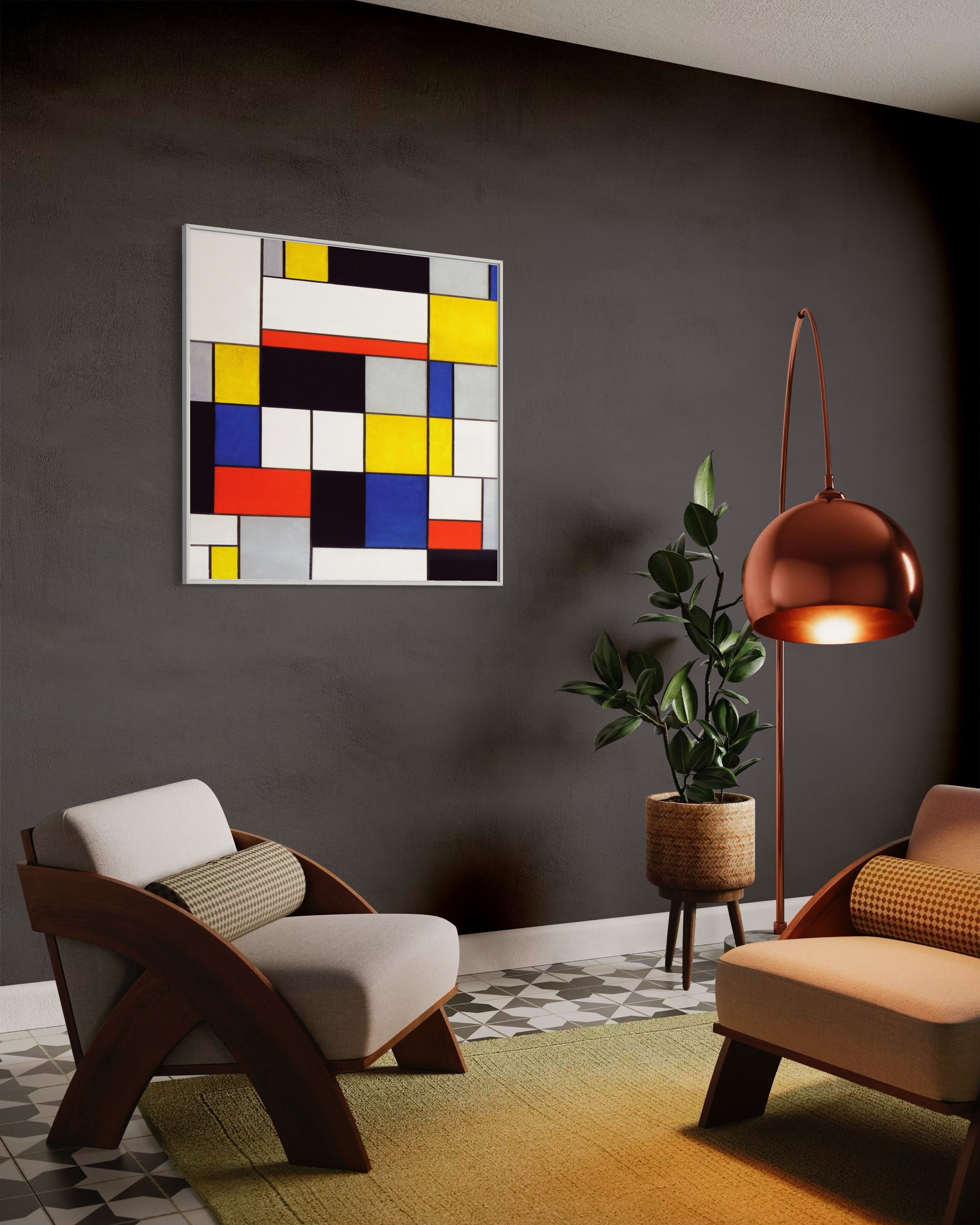 Quadro astratto Mondrian con cornice e quadrati bianchi, neri, gialli, rossi e blu