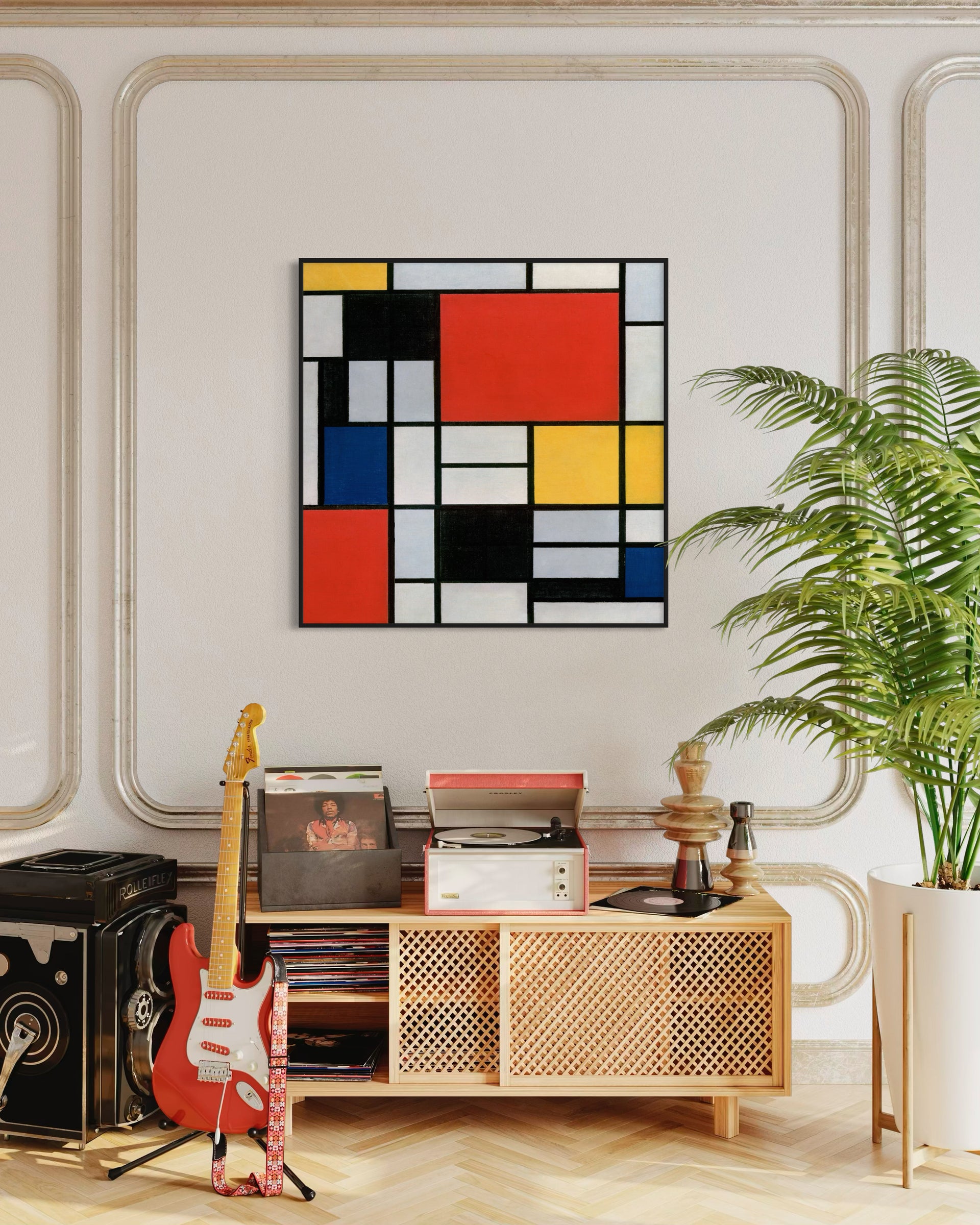 Mondrian elegant con cornice nera, blocchi rosso, nero, giallo e blu