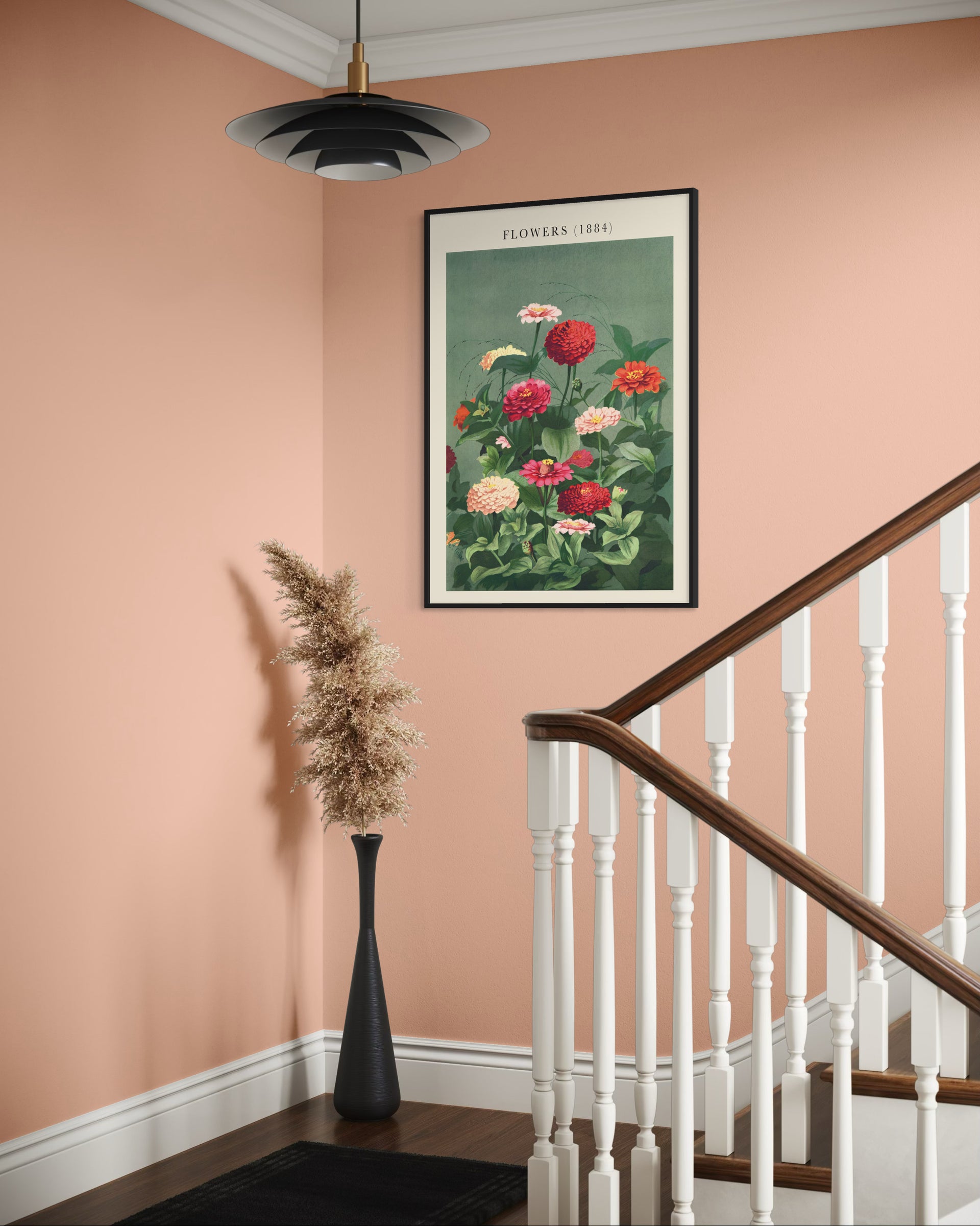 Stampa floreale Flowers 1884 con cornice nera, fiori colorati su sfondo verde