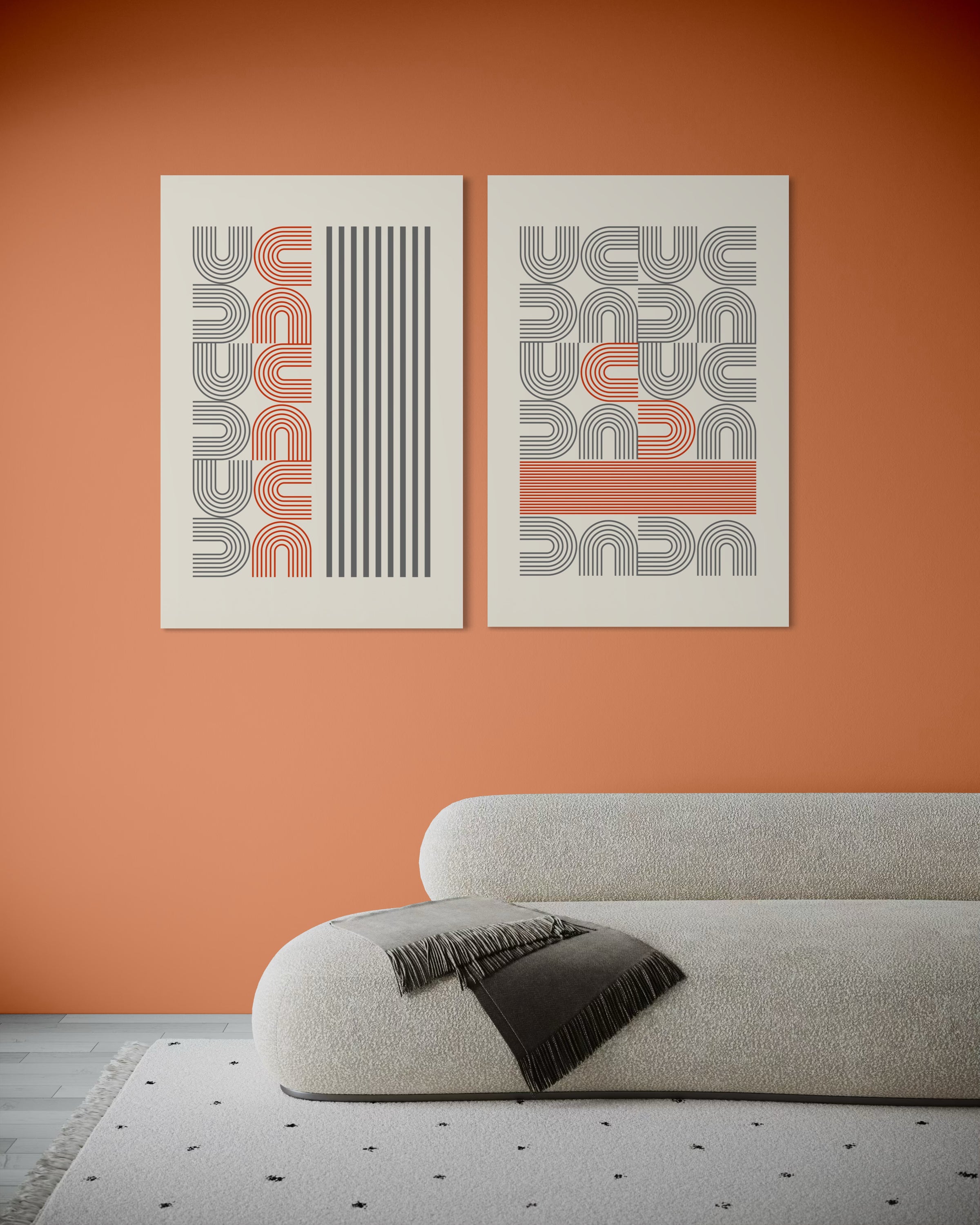 Coppia di stampe Bauhaus moderne con linee astratte rosse e grigie su sfondo chiaro