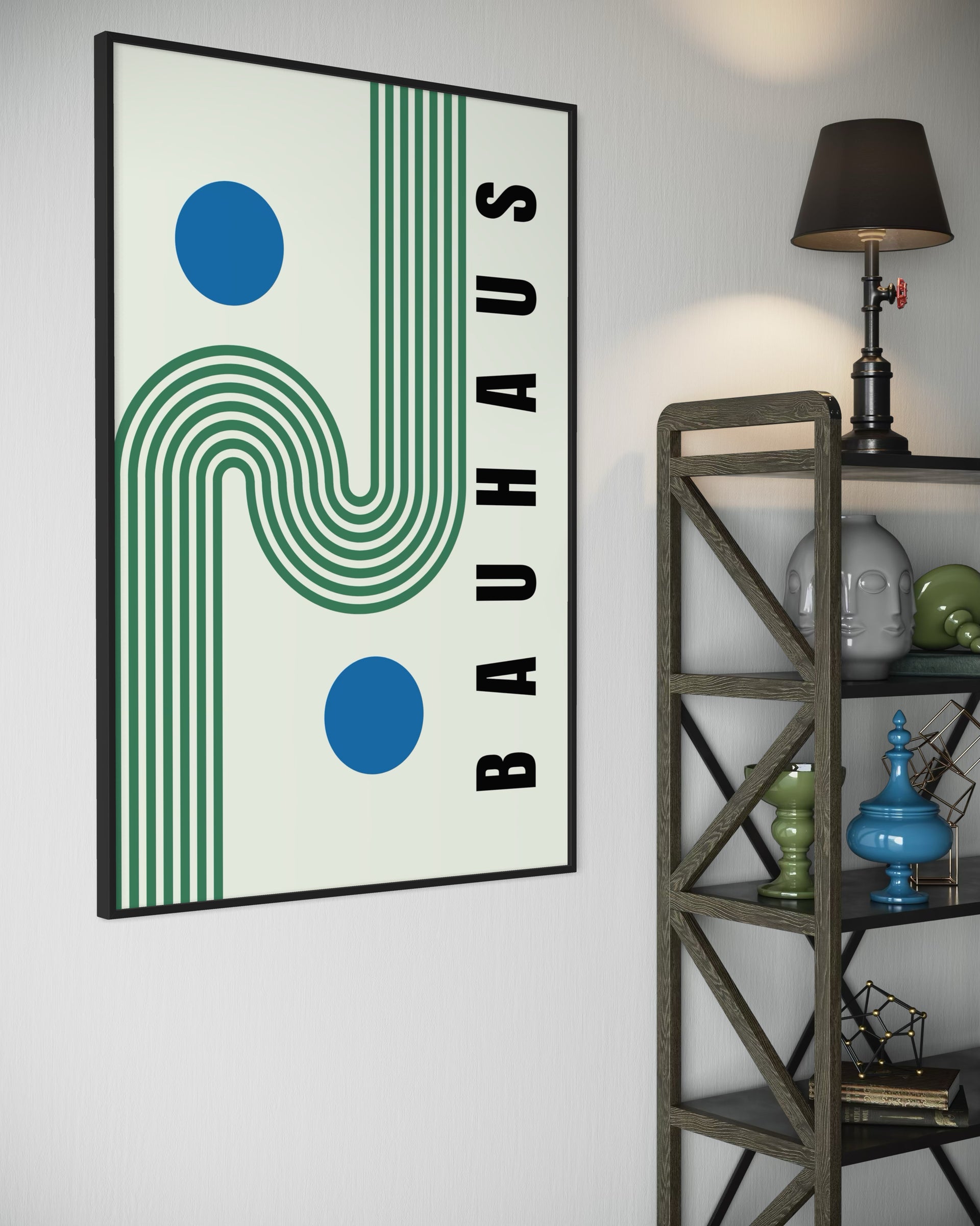 Bauhaus green framed wall art: green lines, blue circles, black vertical letters, black frame