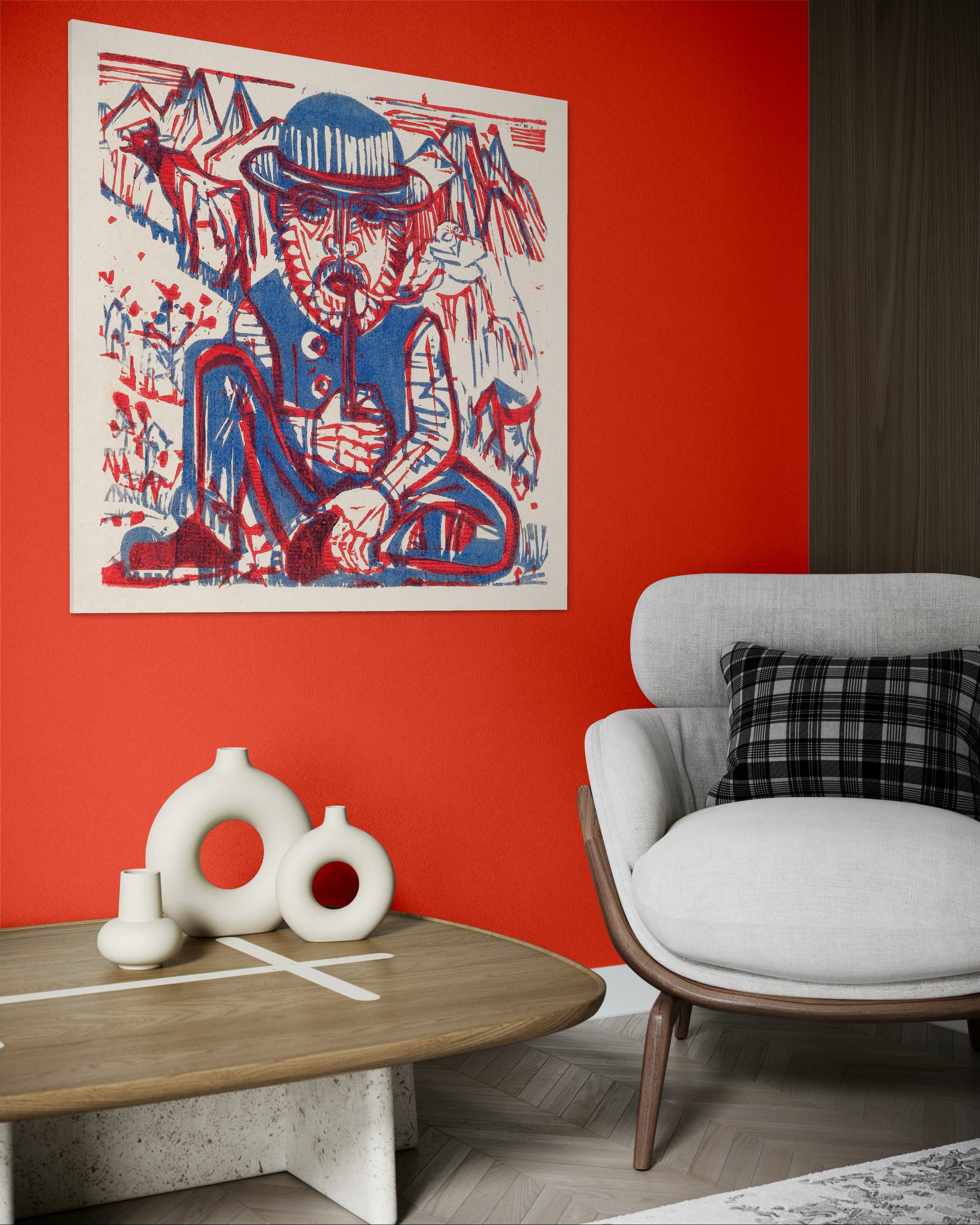 Old red blue: quadro astratto con figura in blu e rossi, cornice bianca