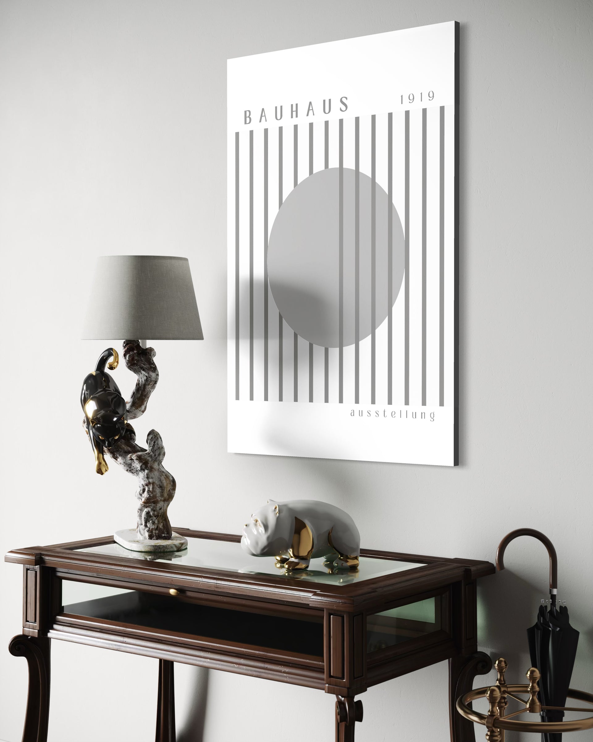 Stampa Bauhaus classic con cornice bianca, cerchio grigio e linee verticali