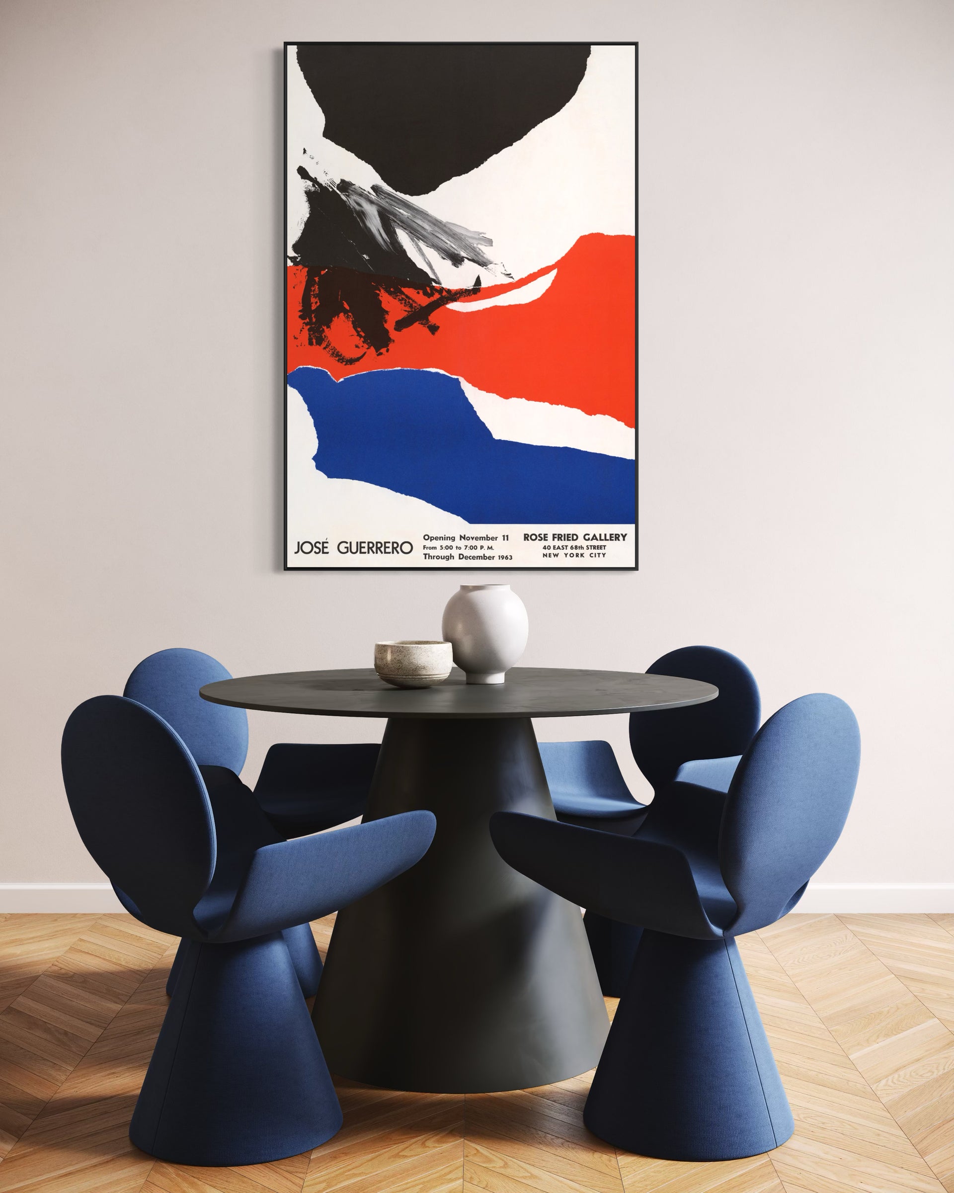Guerrero art con cornice nera, composizione astratta rosso, nero e blu
