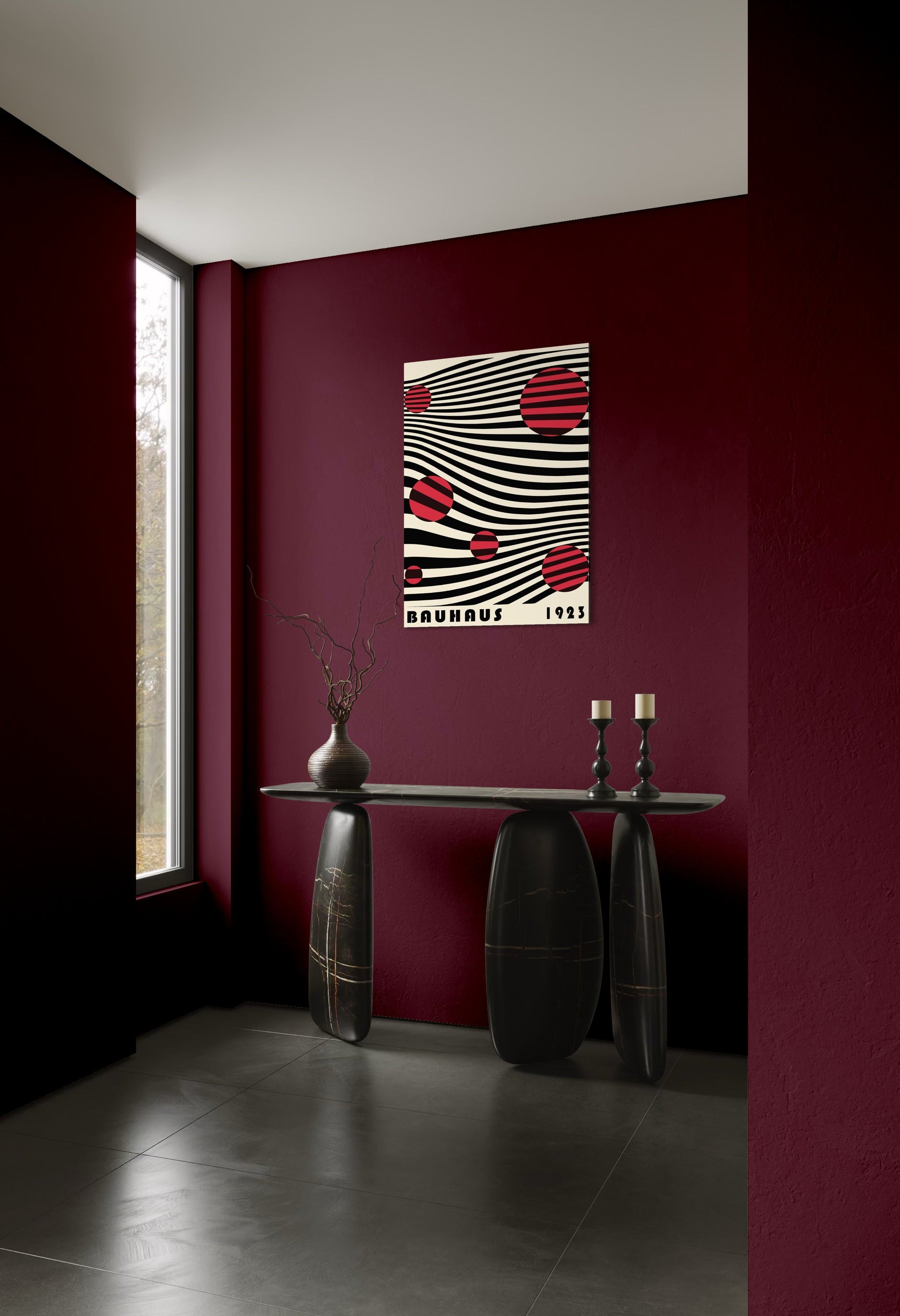 Bauhaus elegant modern art con cornice nera, strisce nere e cerchi rossi, “Bauhaus 1923”
