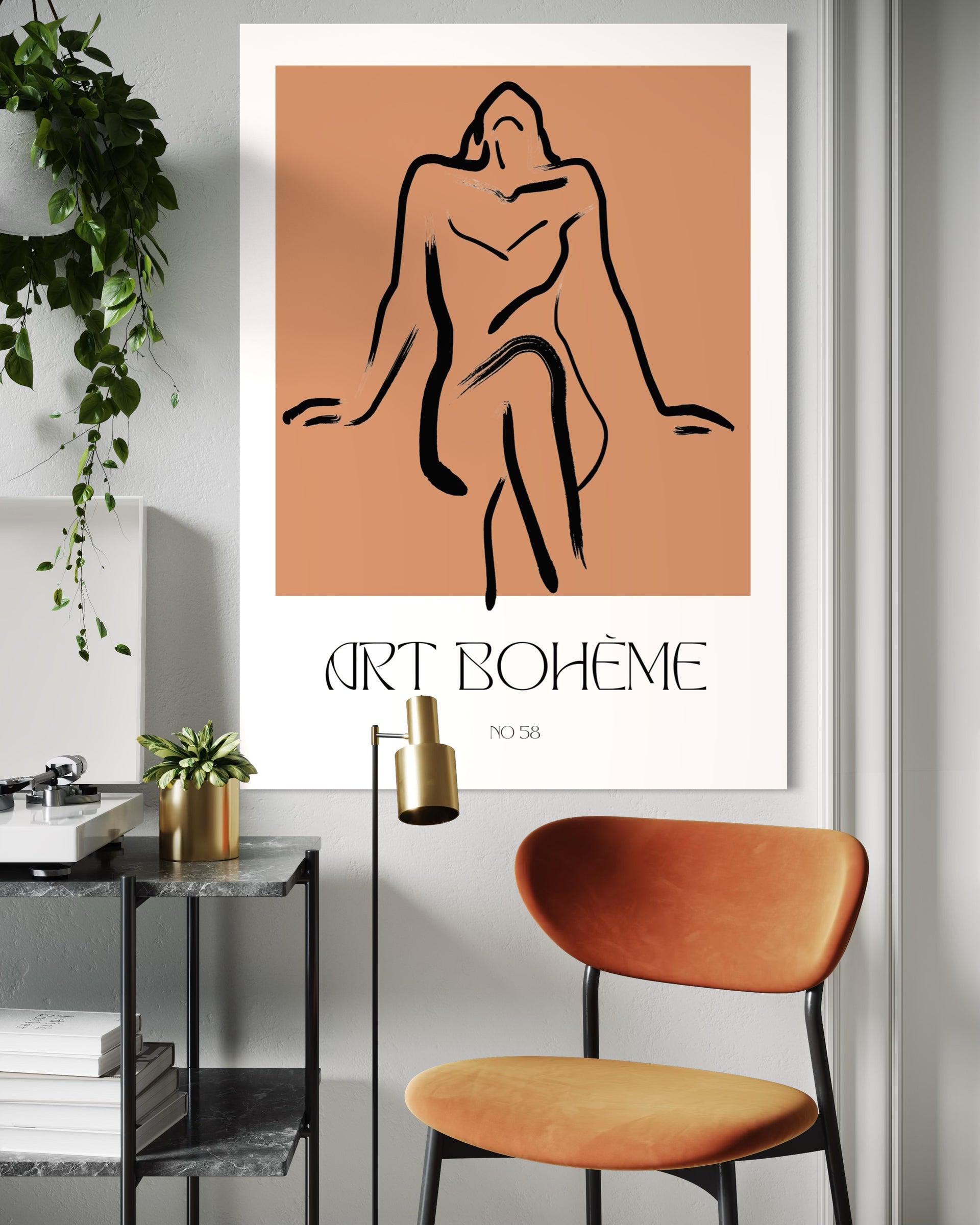 Stampa N 58 con cornice bianca e illustrazione lineare stilizzata, testo ART BOHÈME