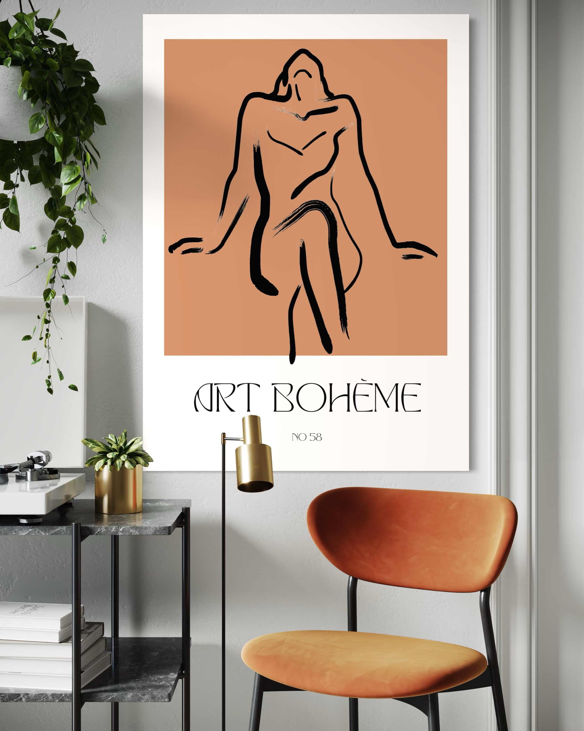 Stampa artistica con cornice, illustrazione nude in linea nera su sfondo color terracotta