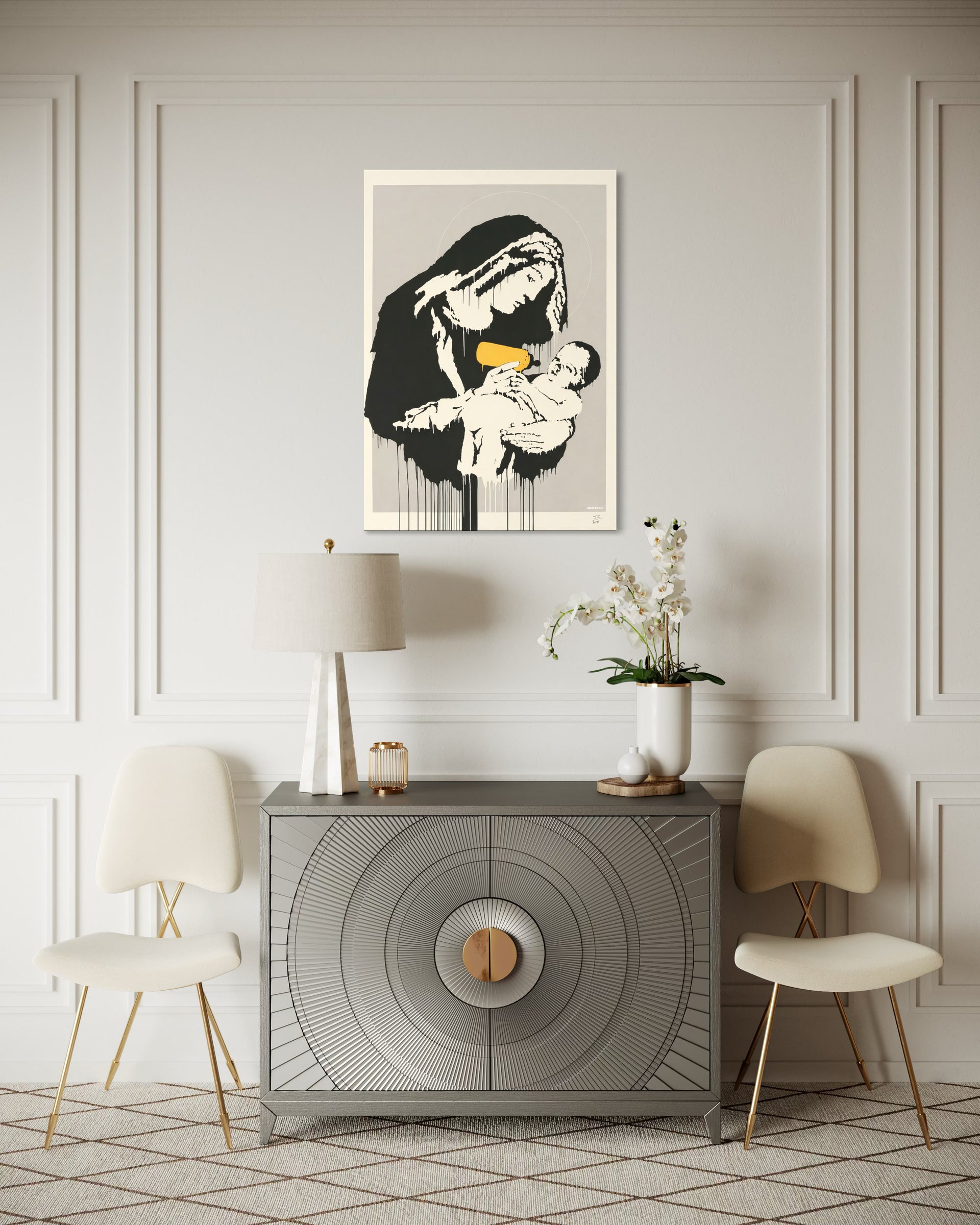 Cresci con cornice bianca, illustrazione in bianco e nero con figure di bambini