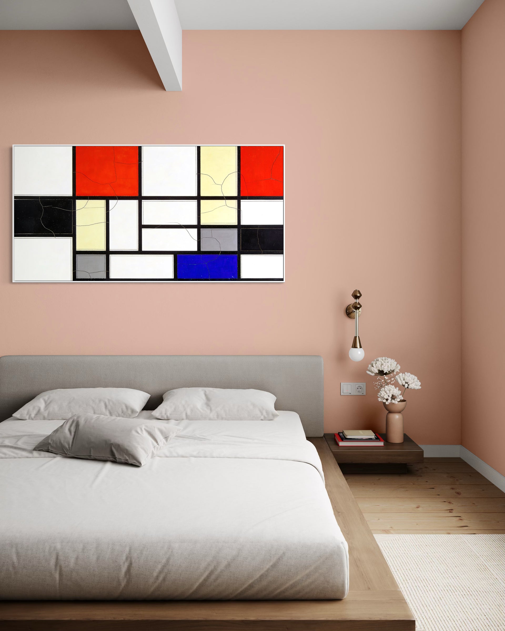 Quadro Mondrian Broken con cornice chiara e griglie geometriche rosso, giallo, nero e bianco