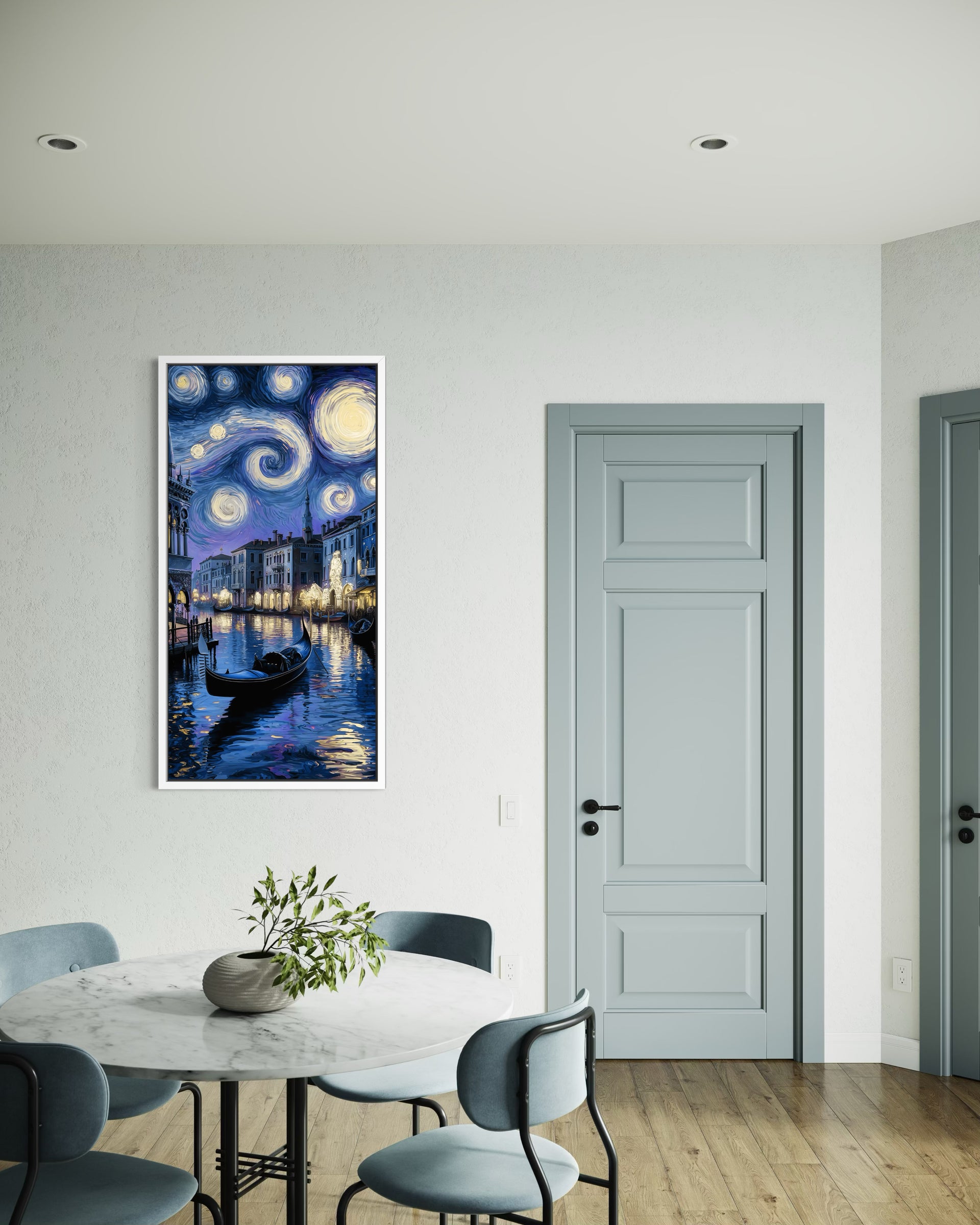Venezia-Gogh: stampa verticale con gondola e cielo stellato, cornice scura