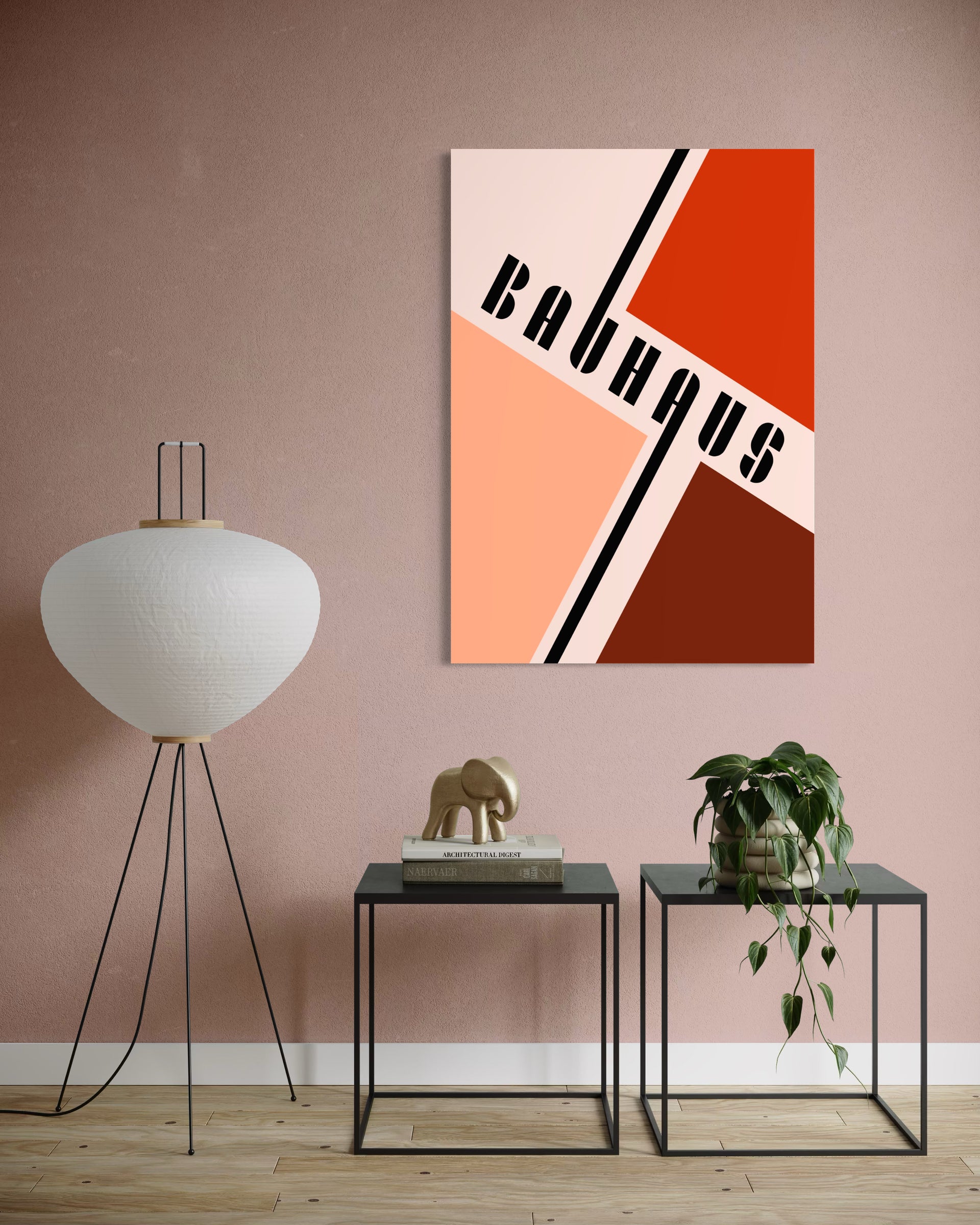 Bauhaus line: stampa geometrica con cornice nera e colori rosso/arancio con scritta