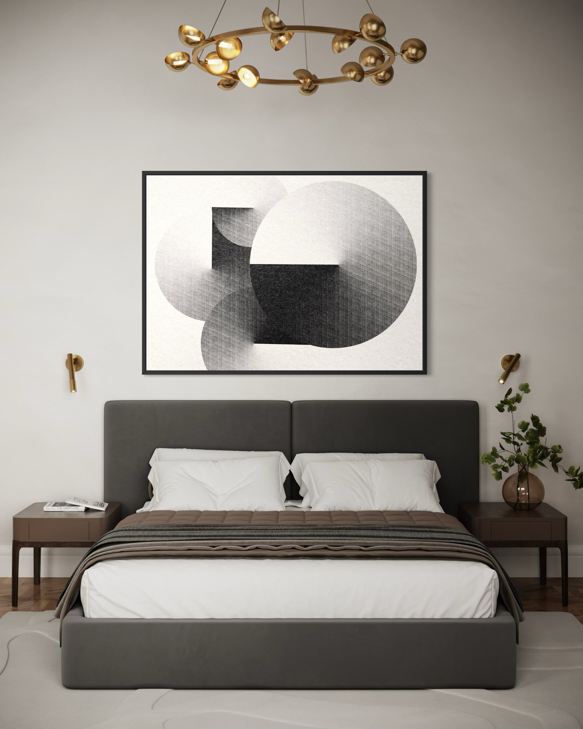 Intersezioni di Ombre, stampa con cerchi grigio e nero, cornice scura