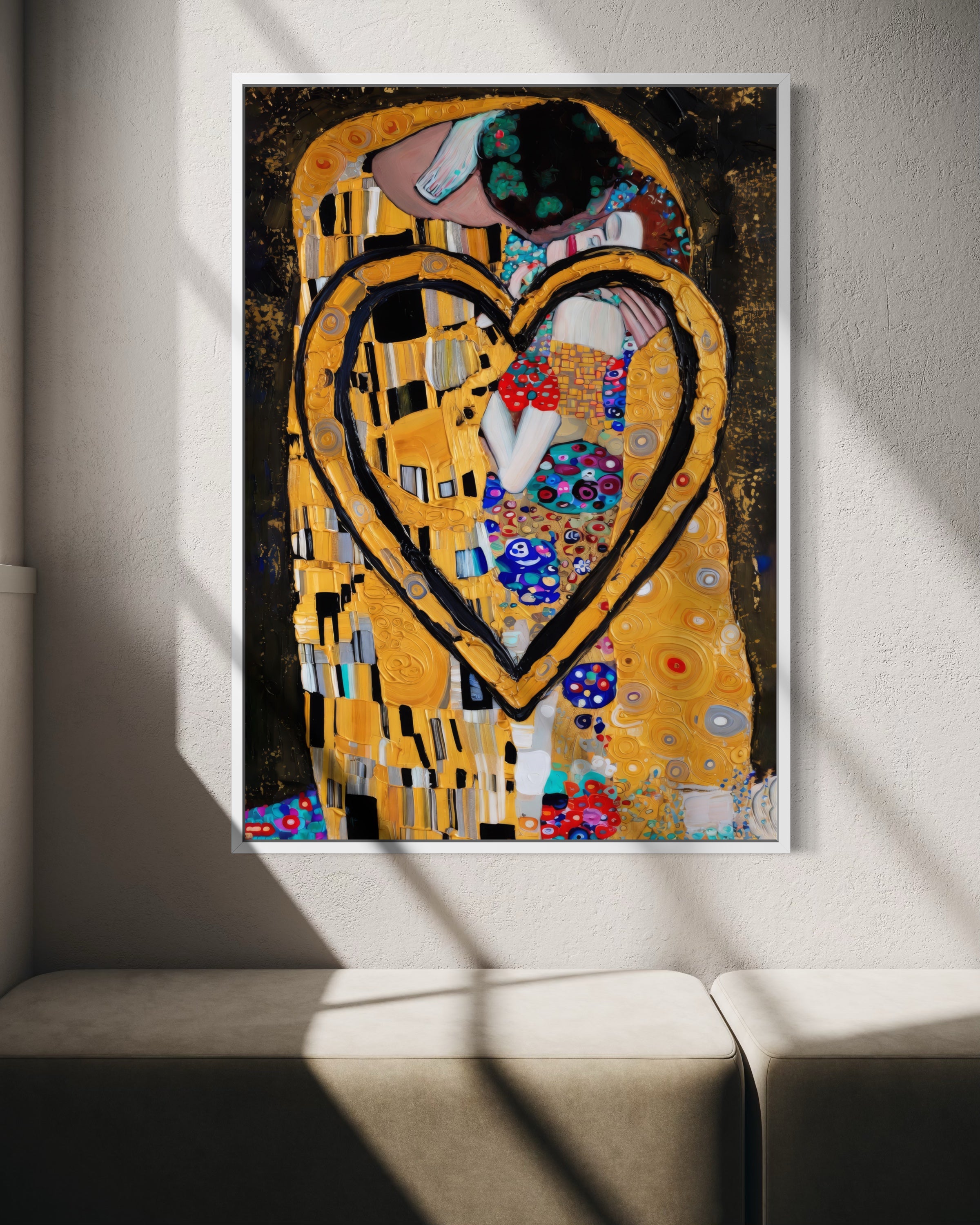Stampa incorniciata con coppia in abbraccio e grande cuore decorato, oro e scuro