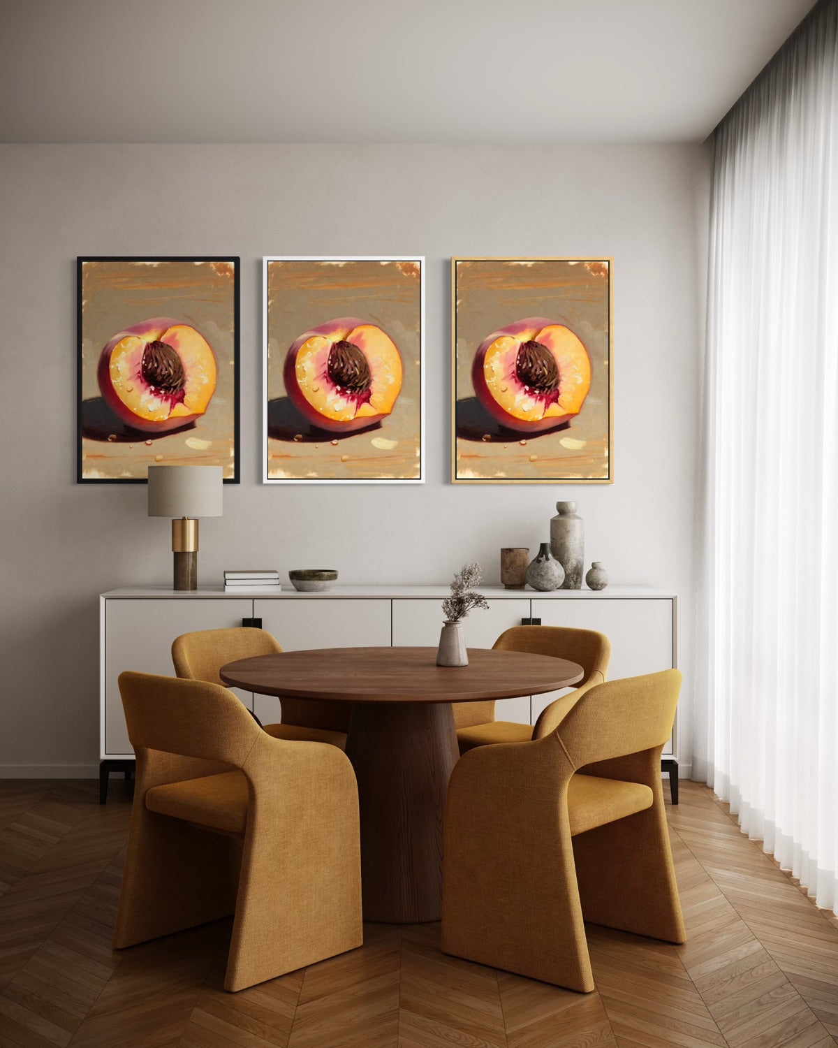 Set di 3 stampe incorniciate con cornici dorate e chiare, frutta arancione