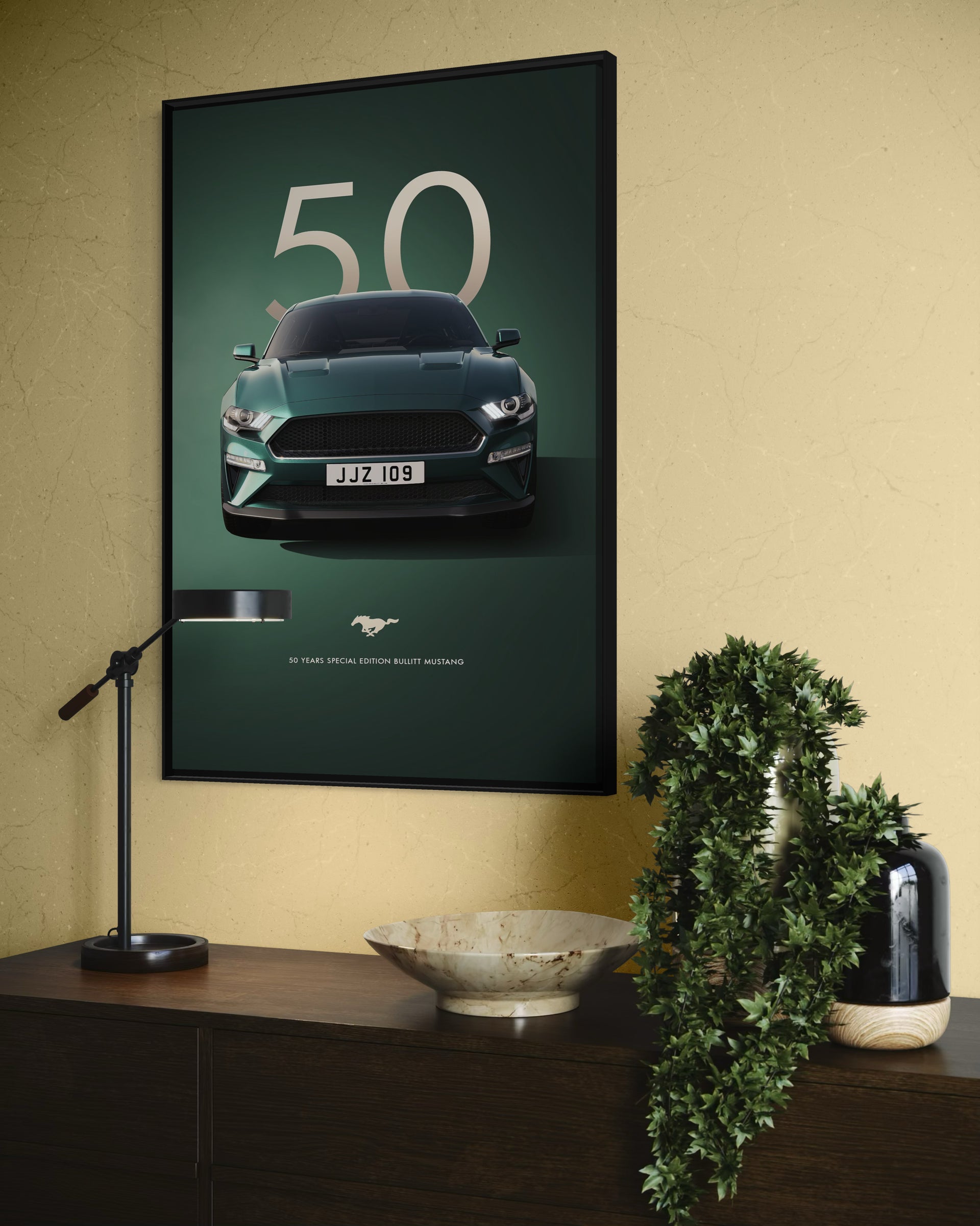 Quadro auto verde mustang con cornice nera, dimensione 50x70 e scritta 50