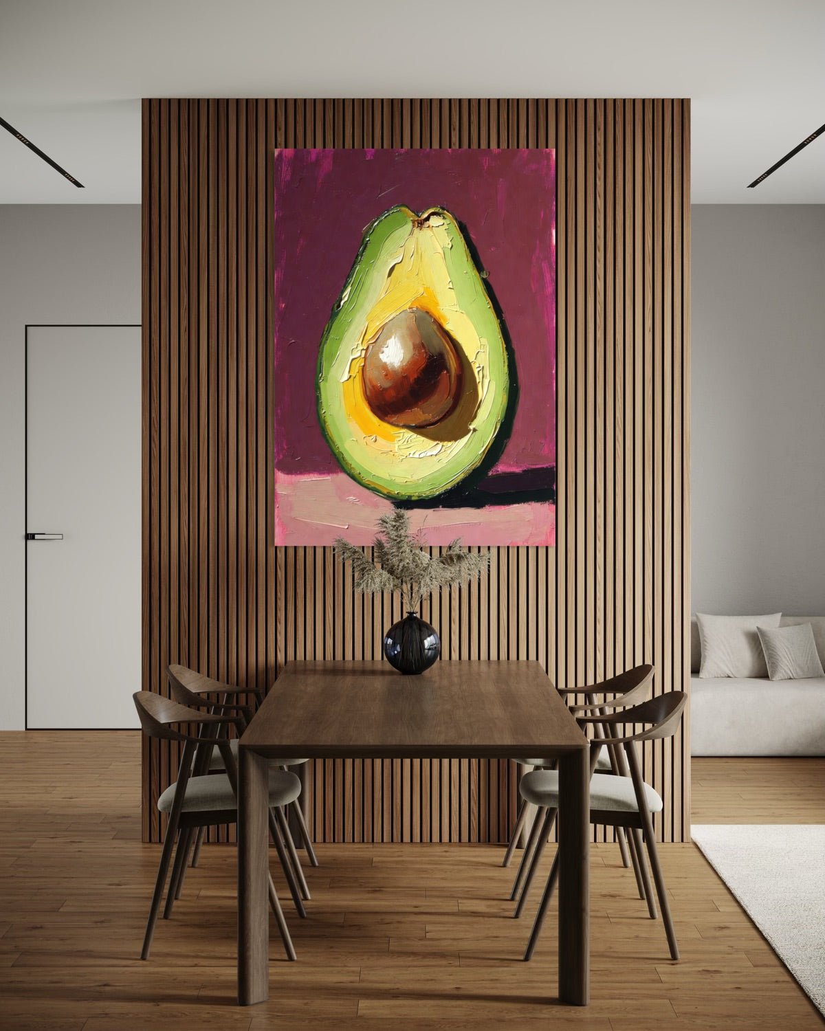 Quadro incorniciato con avocado su sfondo viola e cornice nera