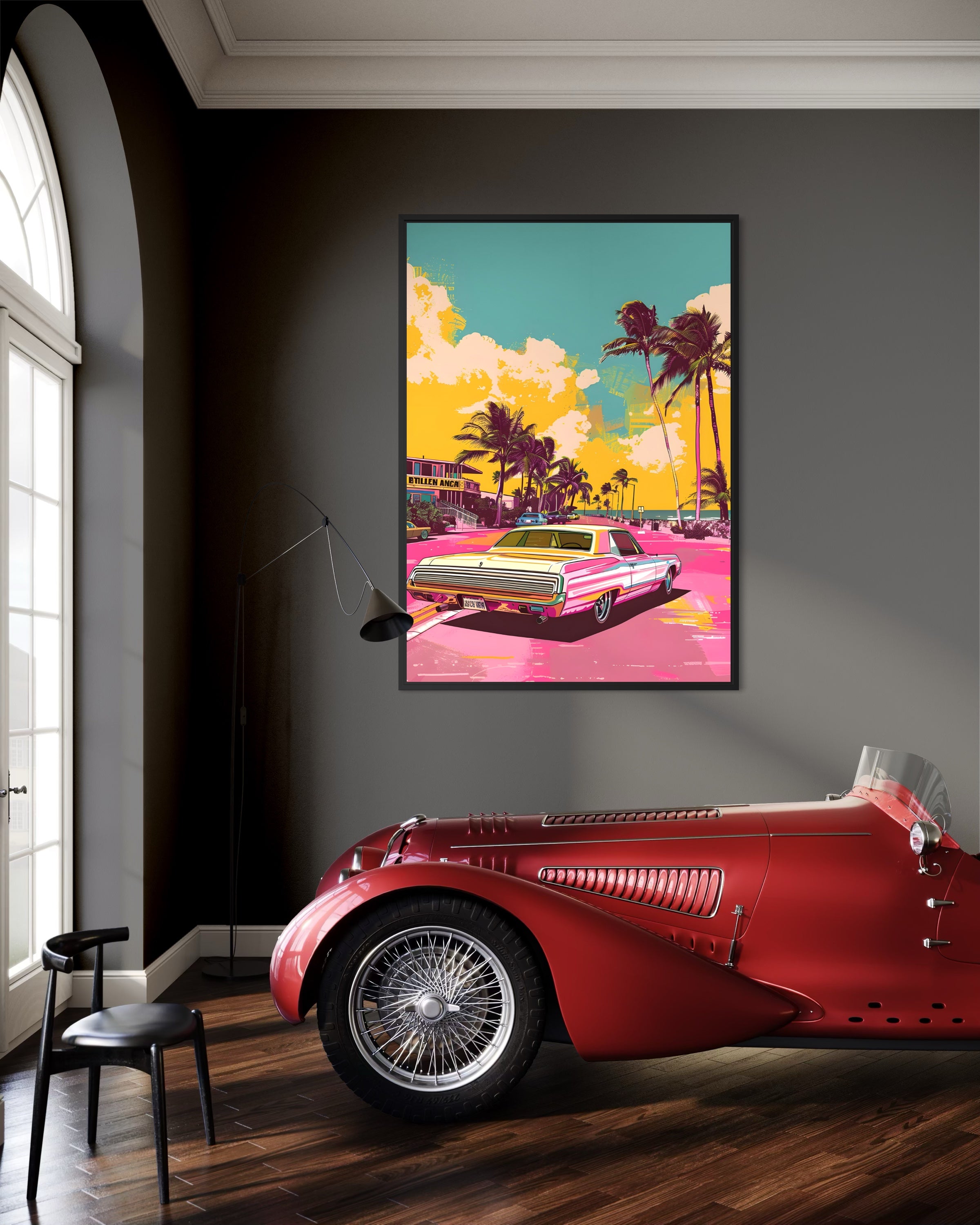 Sogno americano con auto rossa e palme, cornice nera.