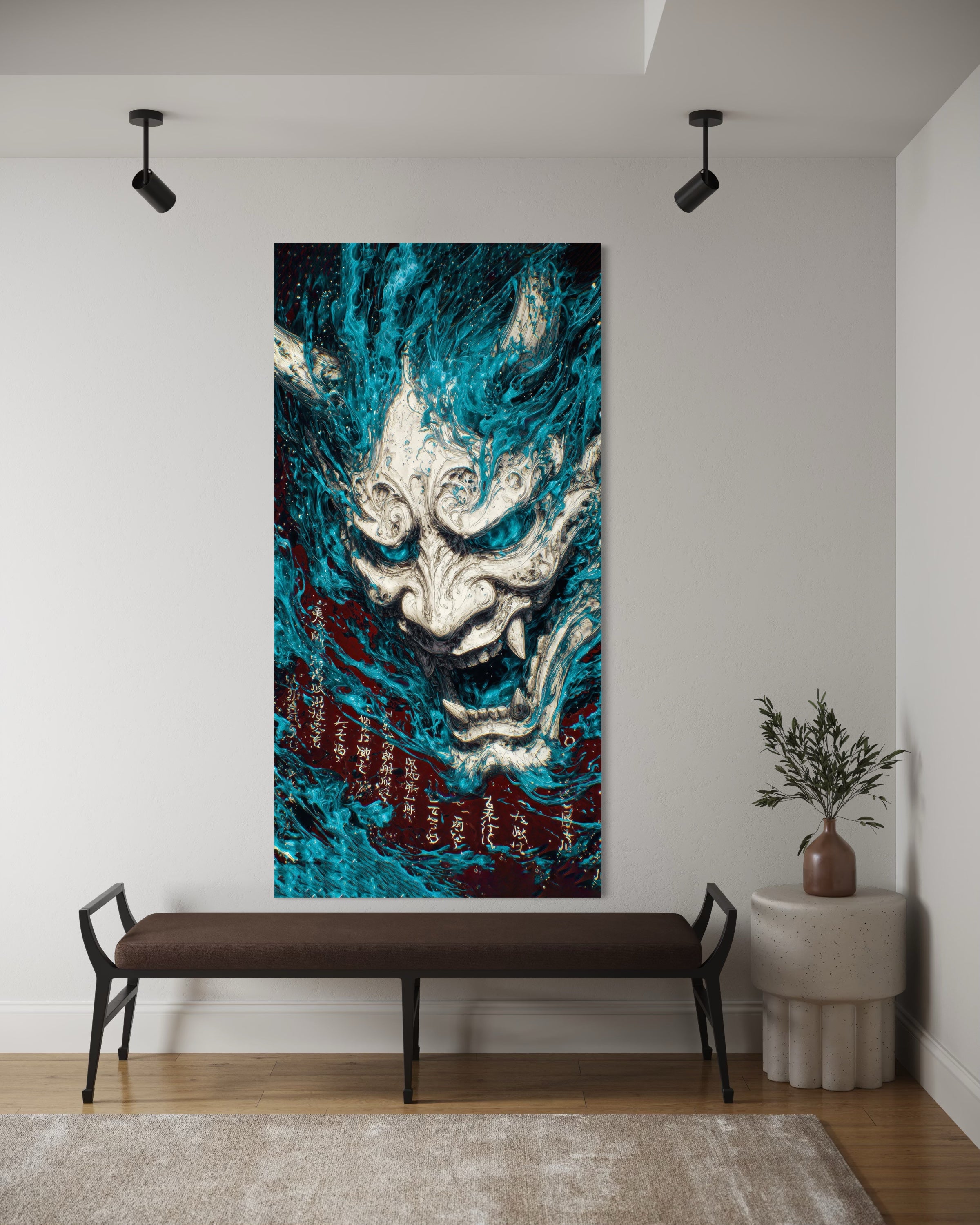 Maschera demoniaca azzurro, volto centrale, stile pittorico, cornice scura