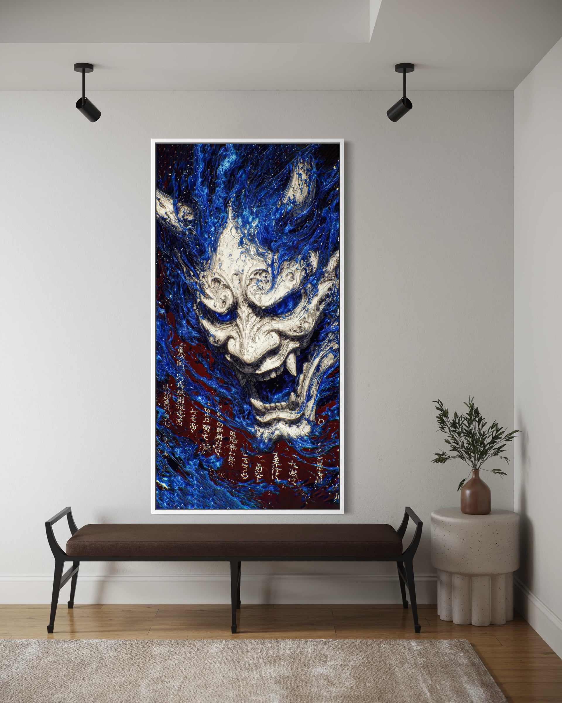 Maschera demoniaca blu, volto centrale, stile pittorico, cornice scura