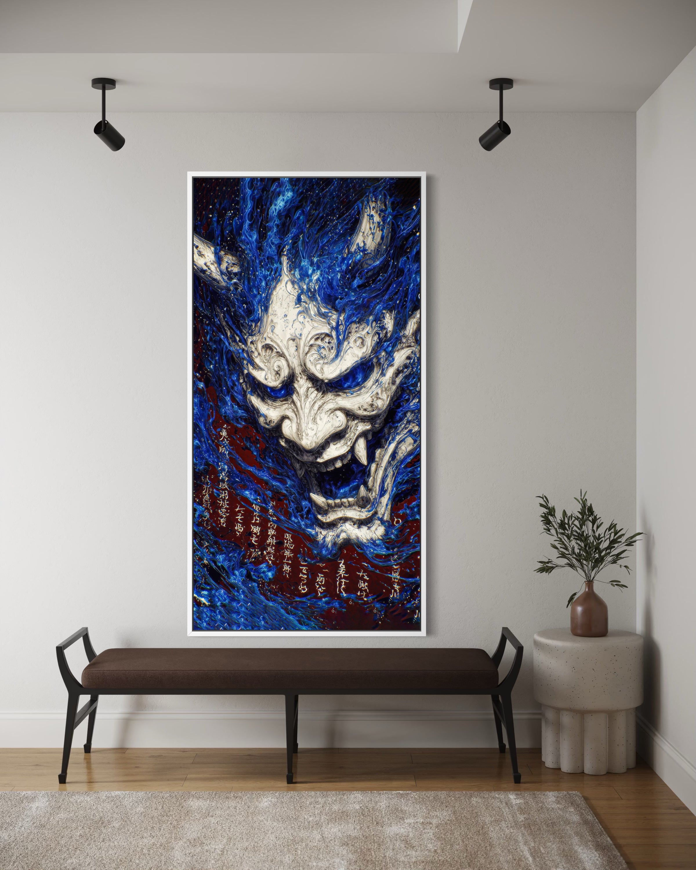 Maschera demoniaca blu, volto centrale, stile pittorico, cornice scura