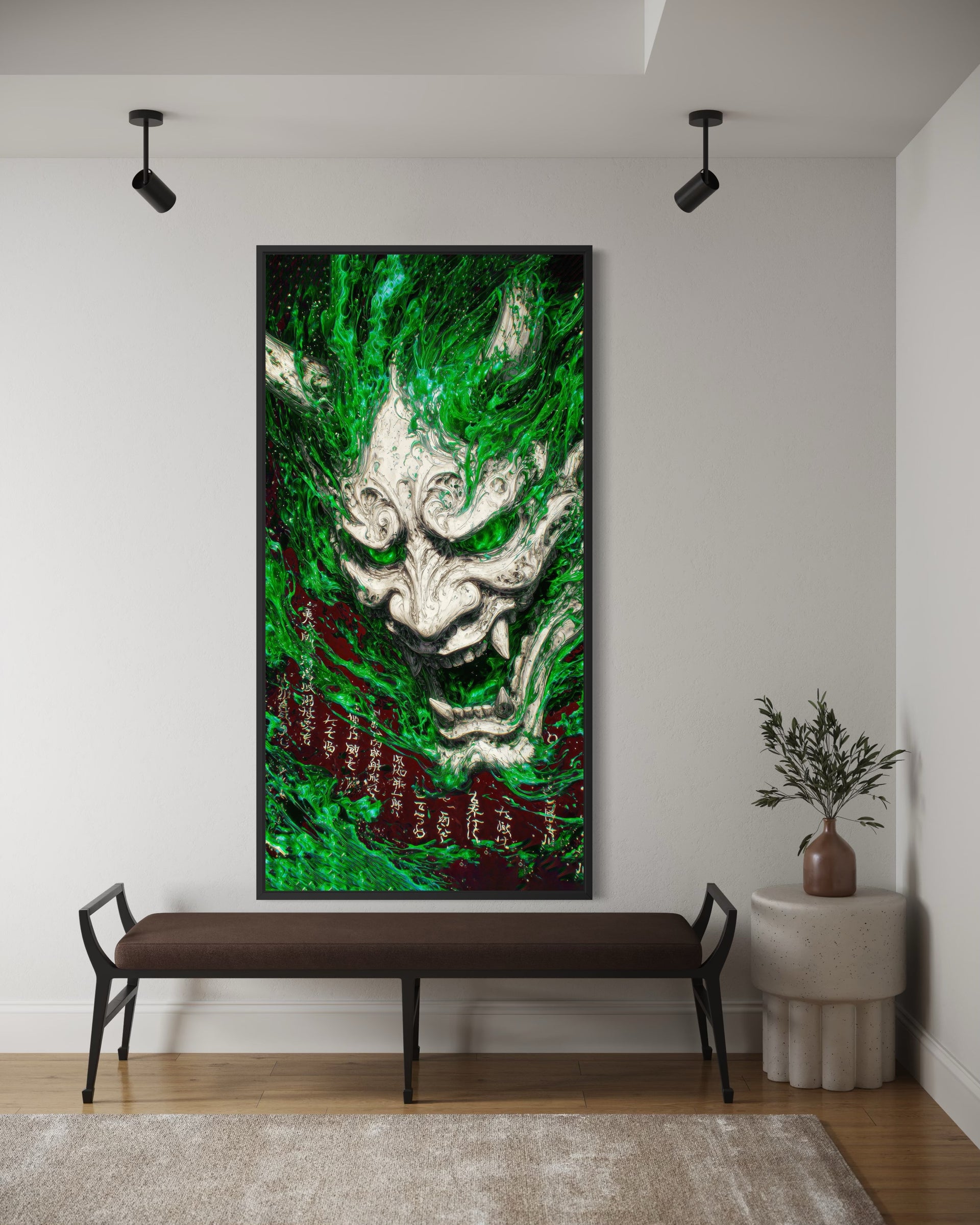 Maschera demoniaca verde, volto centrale, stile pittorico, cornice scura