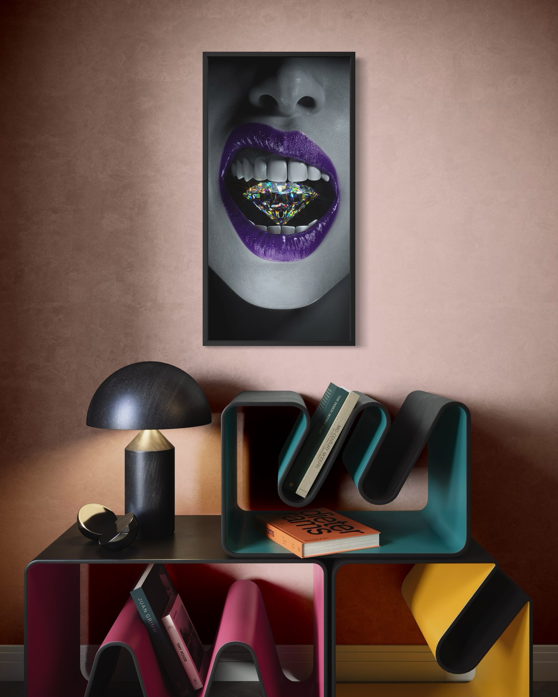 Stampa Kiss diamond con labbra viola e denti multicolore
