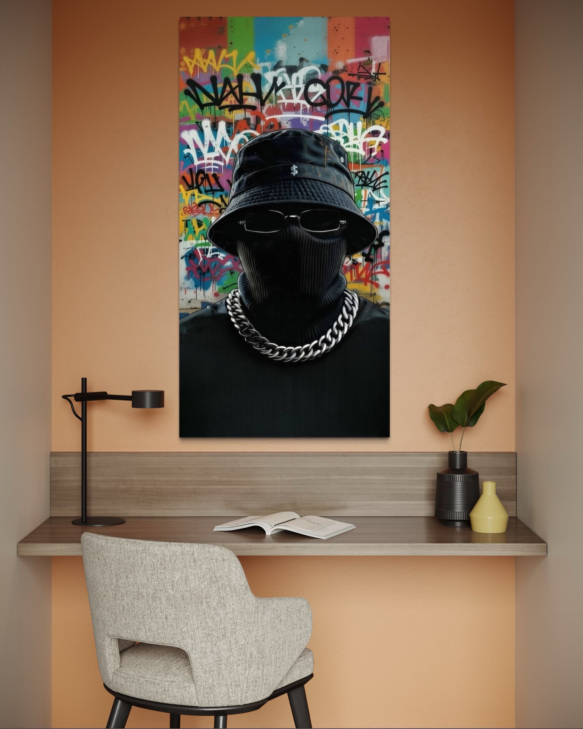 Graffiti Urban: ritratto con maschera nera, cappello e graffiti colorati