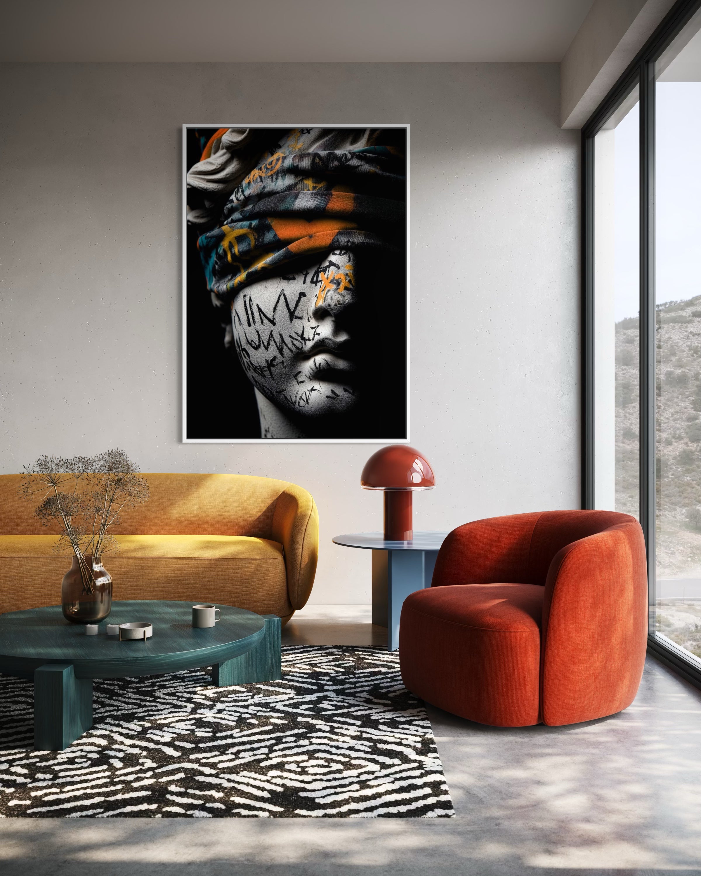Segreto, cornice nera con volto graffiti, toni arancione-rosso