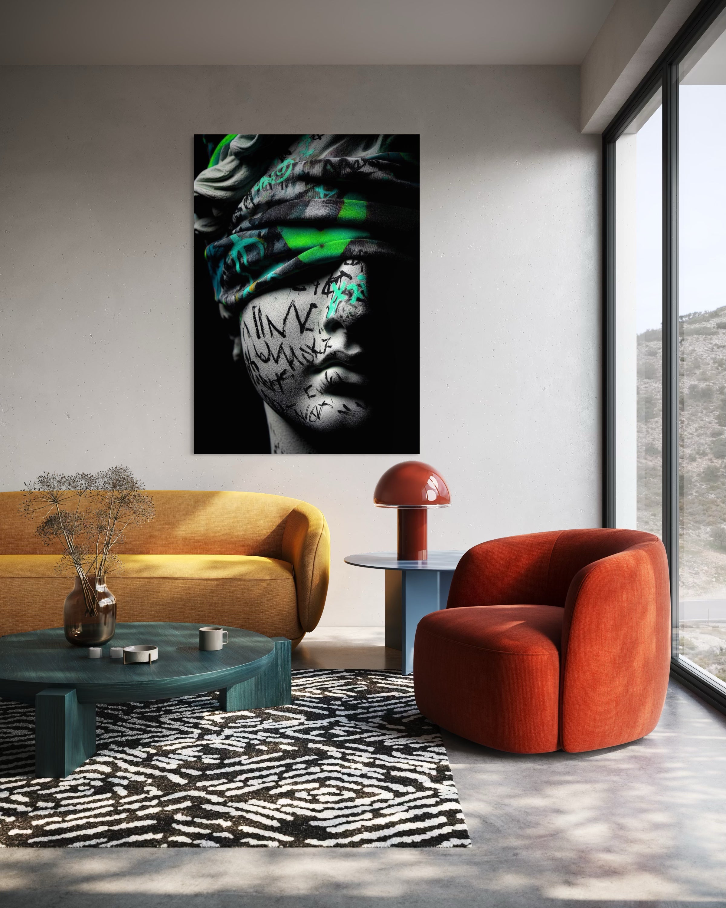 Segreto, cornice nera con volto graffiti, accenti verde e turchese