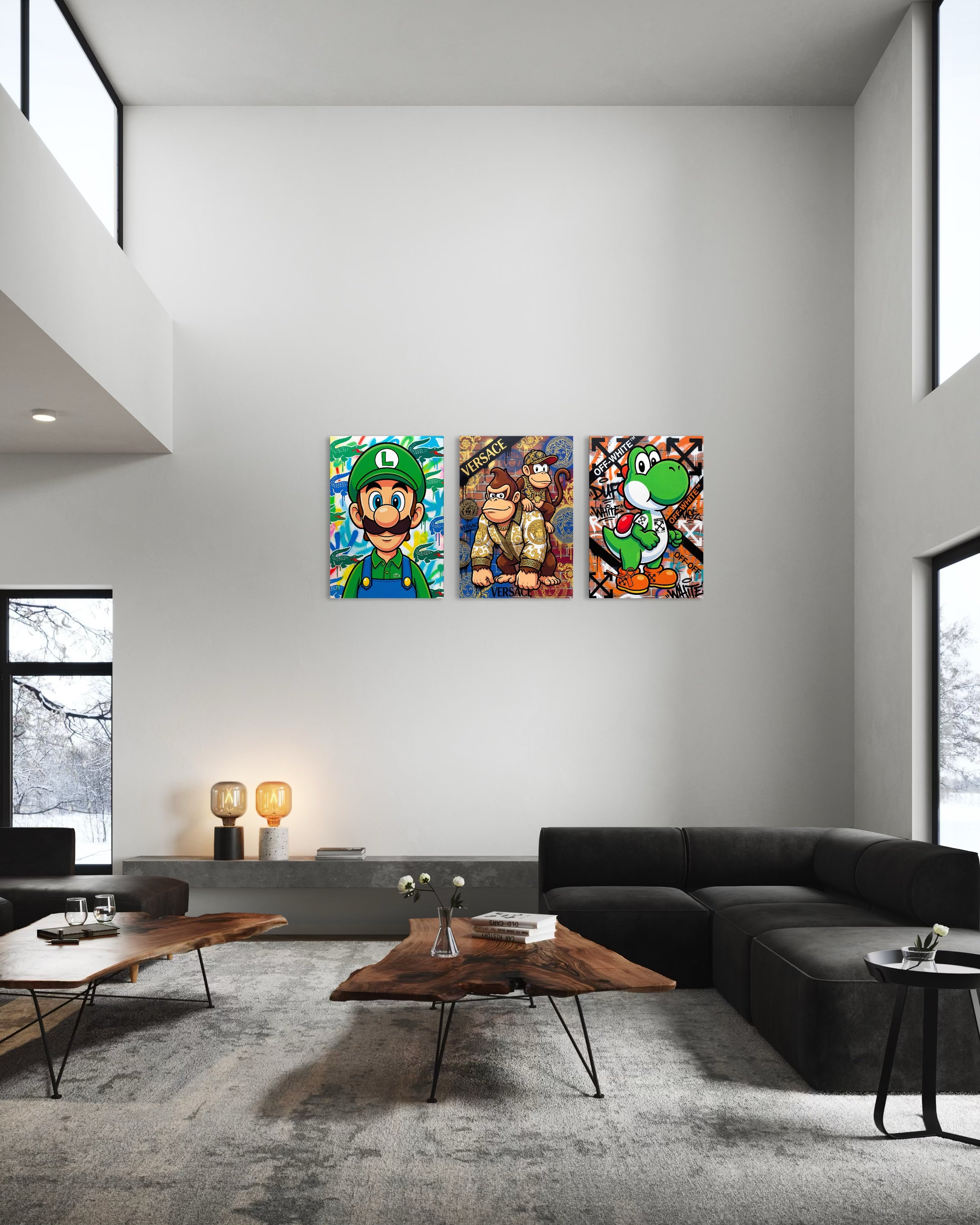 Set di 3 stampe incorniciate in tre riquadri con personaggi verdi e rossi stile cartone