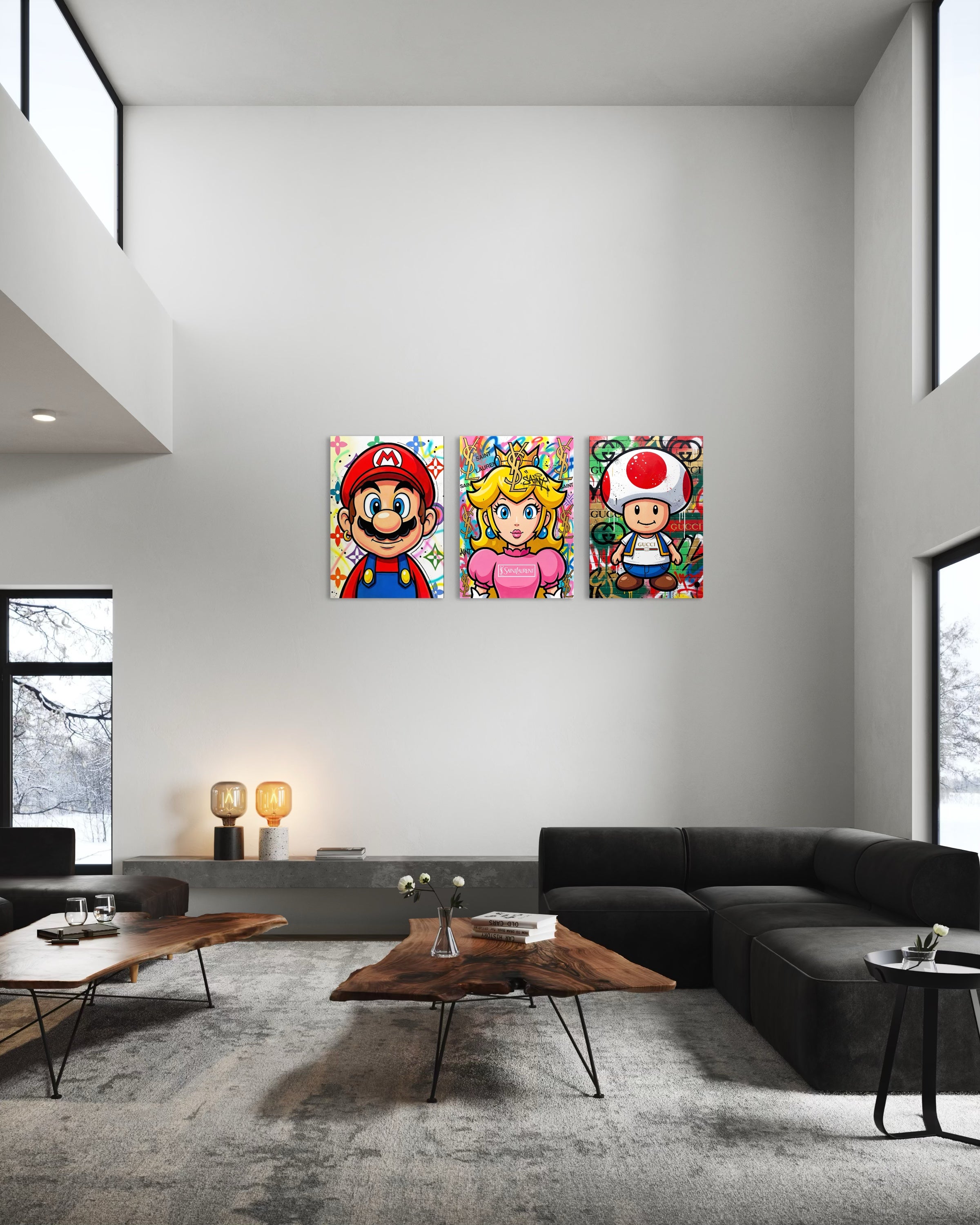 Set di 3 stampe incorniciate in tre riquadri con personaggi di videogiochi stile cartone