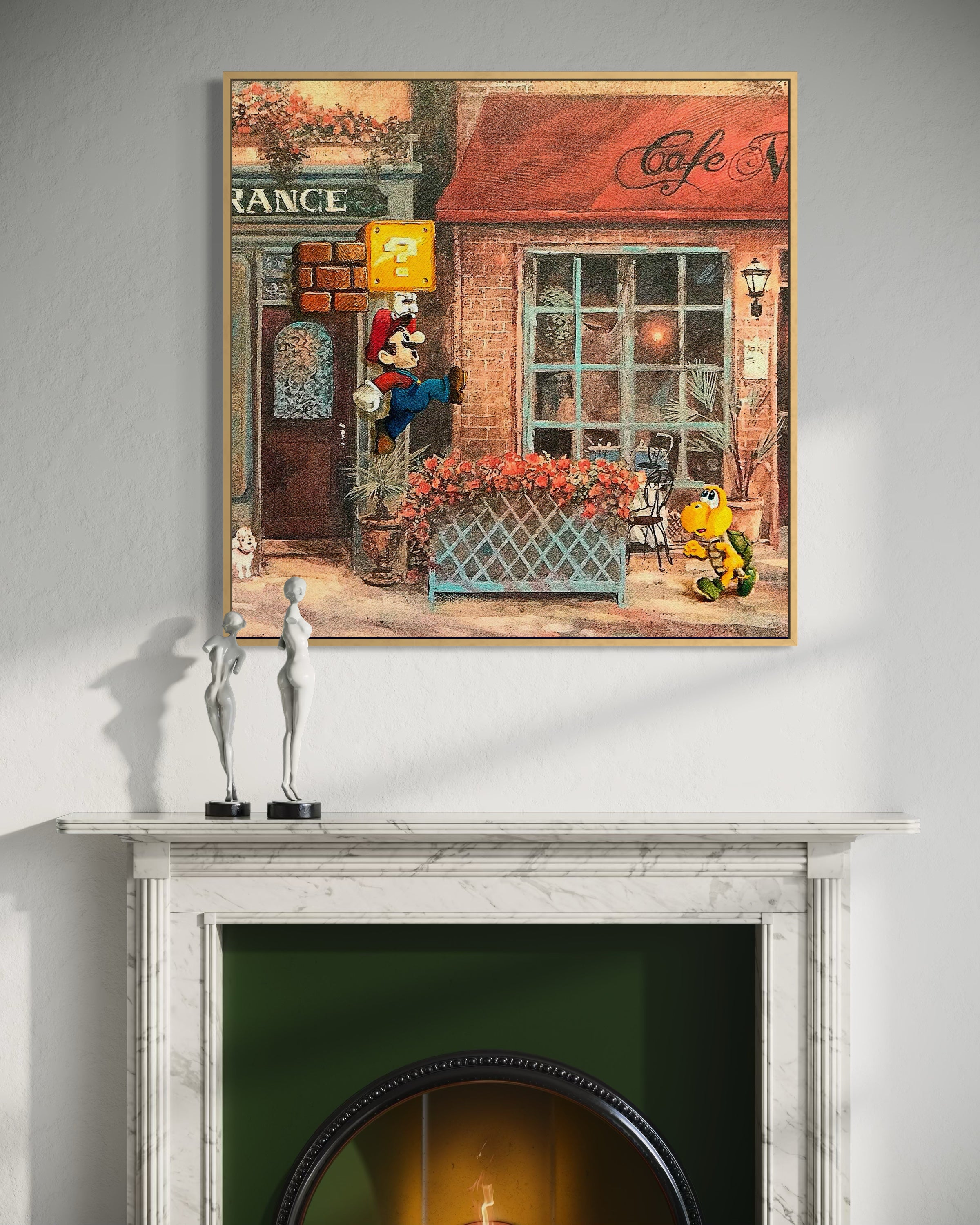 Stampa incorniciata con personaggio Mario, cornice dorata, scena di gioco