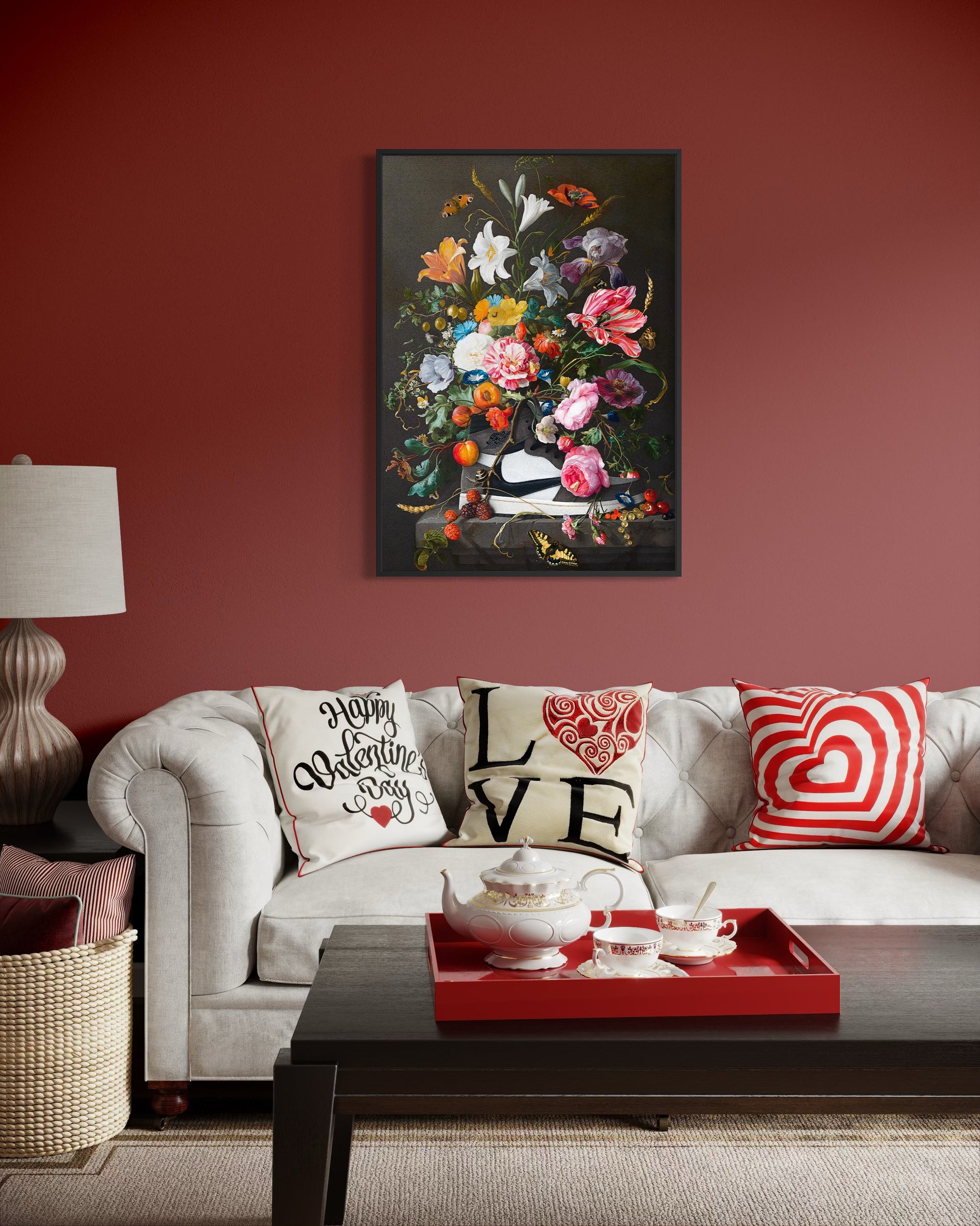 Quadro floreale con fiori bianchi e rosa, bouquet multicolore, cornice scura