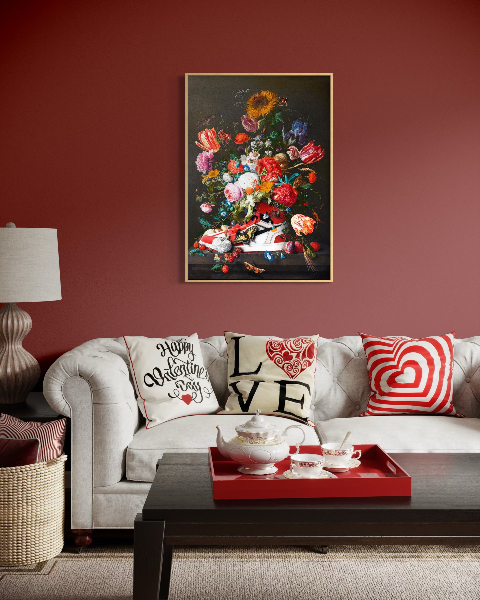 Quadro floreale con vaso e nastro rosso, fiori multicolore, cornice scura