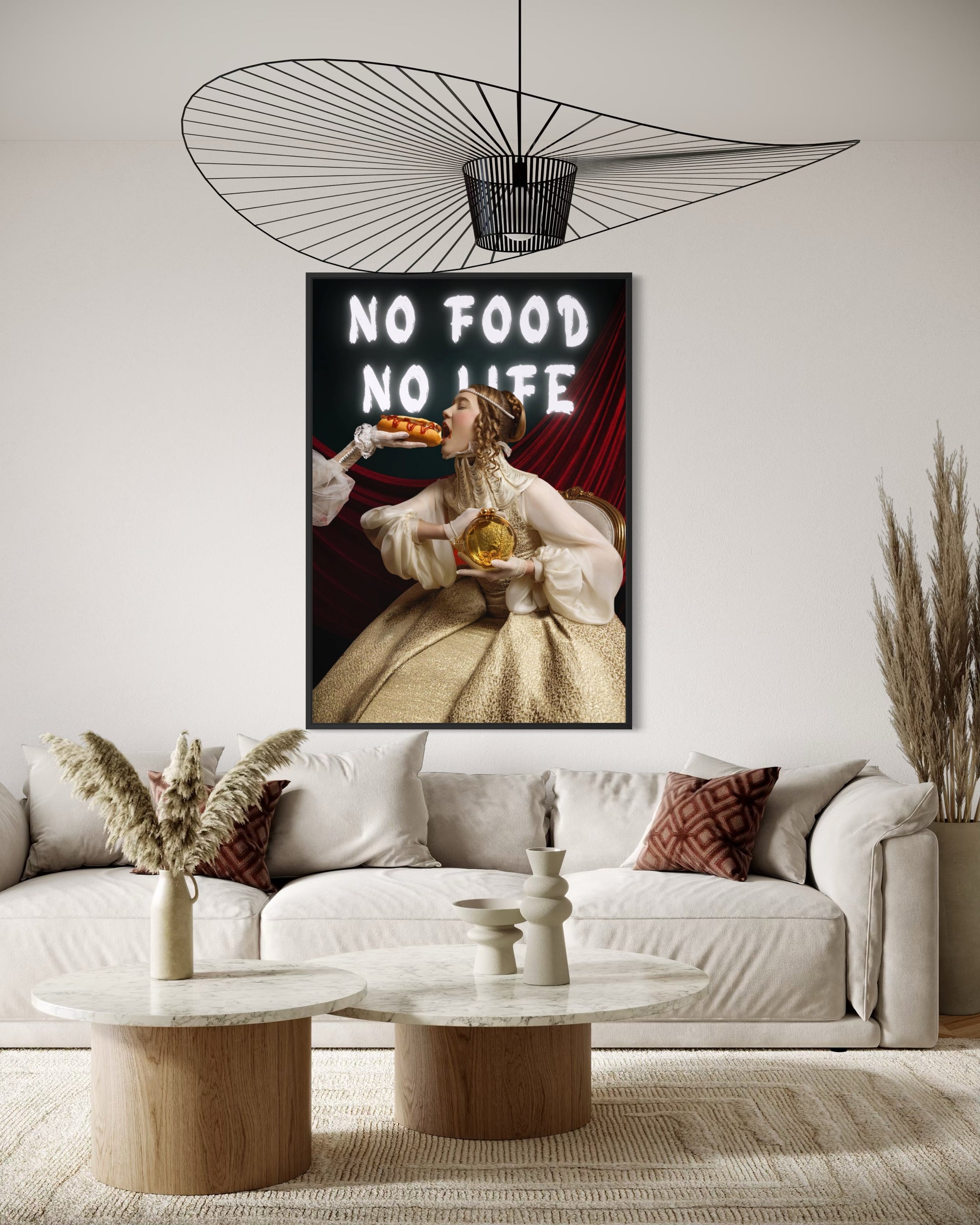 Stampa “No food no life” con testo luminoso e figura con piatto dorato