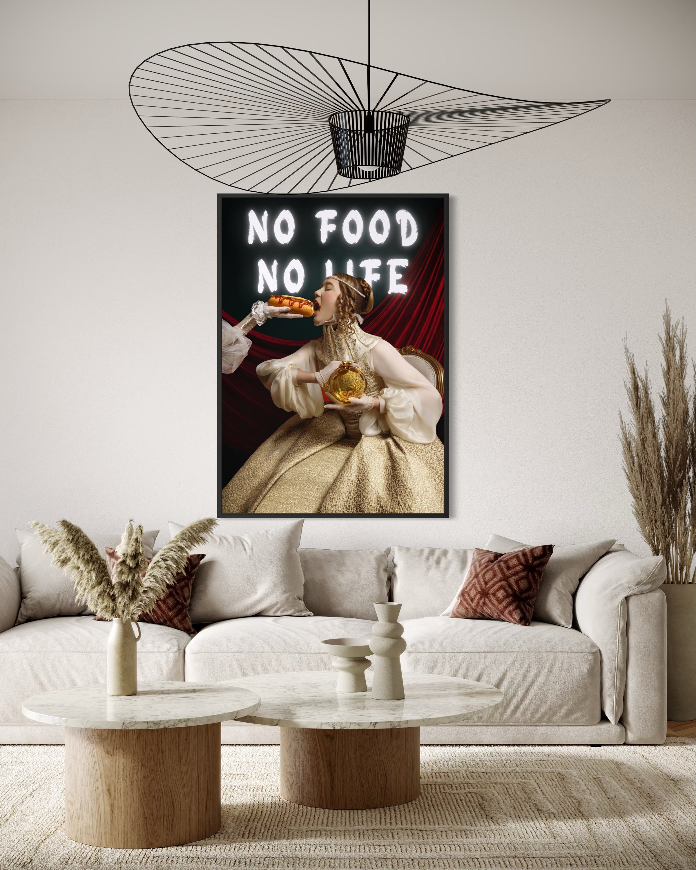 Stampa incorniciata con scritta “NO FOOD NO LIFE” e figura in abito chiaro