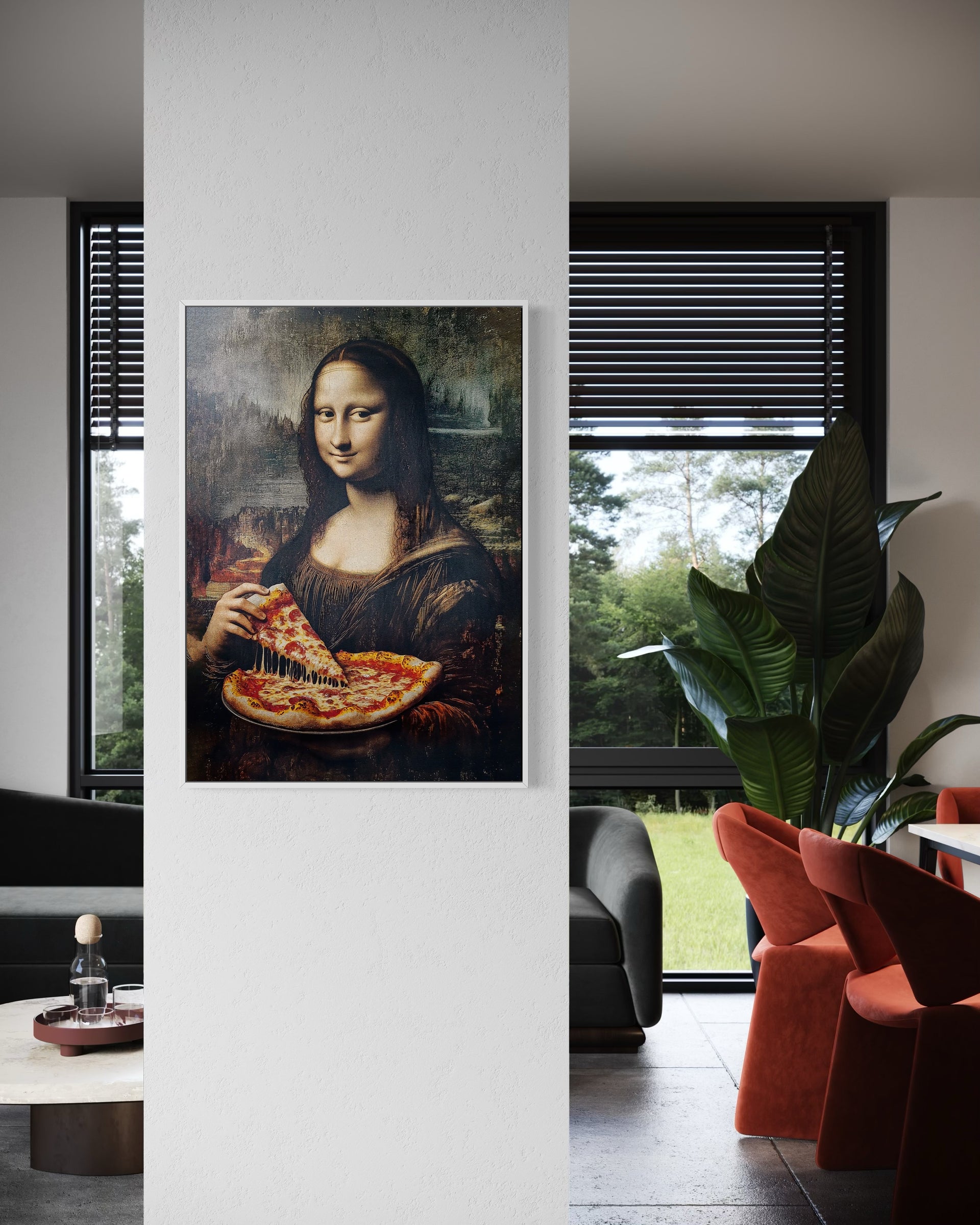 Non resisto, quadro con telaio bianco e immagine di donna con pizza